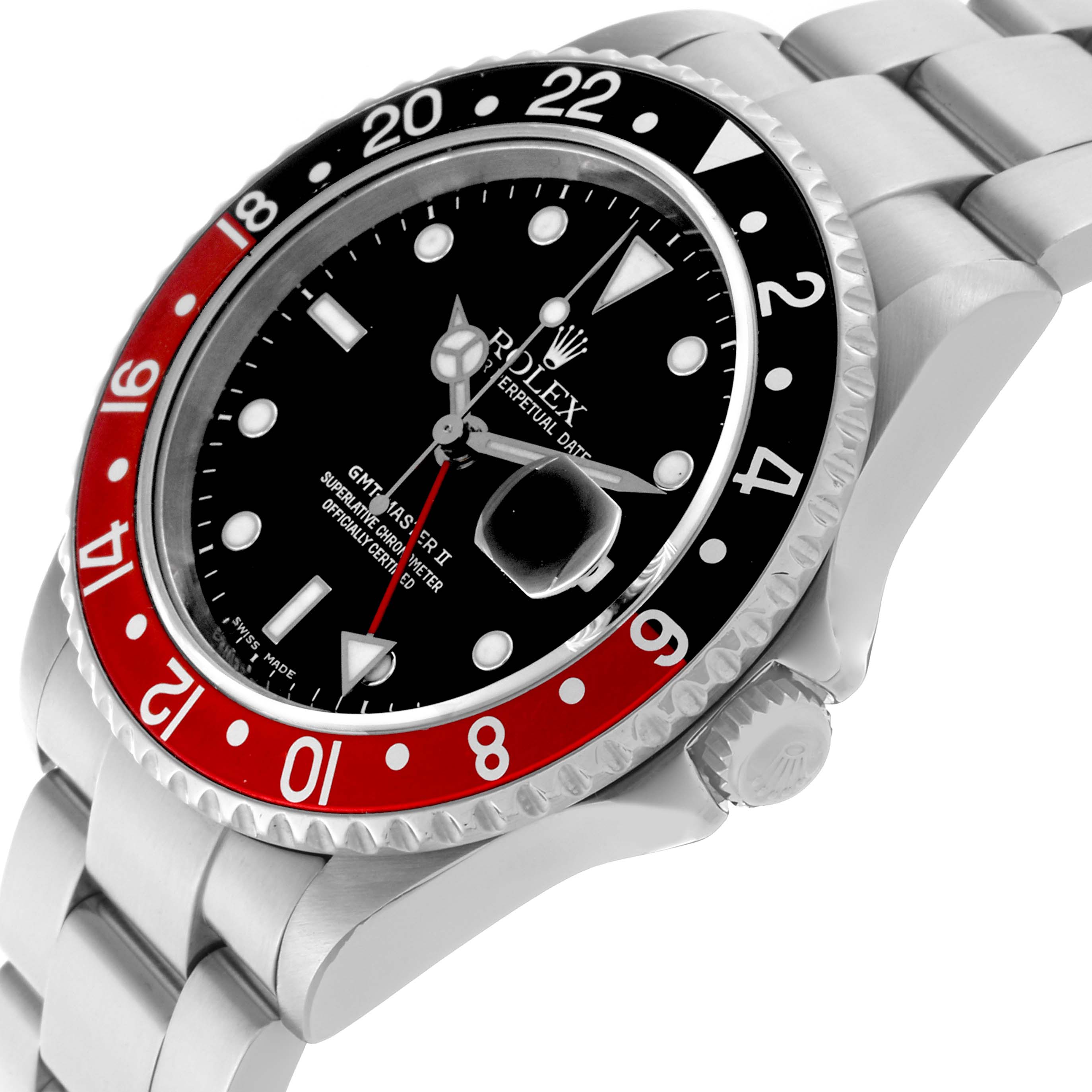 The Rolex GMT-Master 16710 Men
s Stainless Steel Black Dial 16710 Men
s Stainless Steel Black Dial watch is shown at an angled side view, highlighting the bezel, dial, crown, and part of the bracelet.