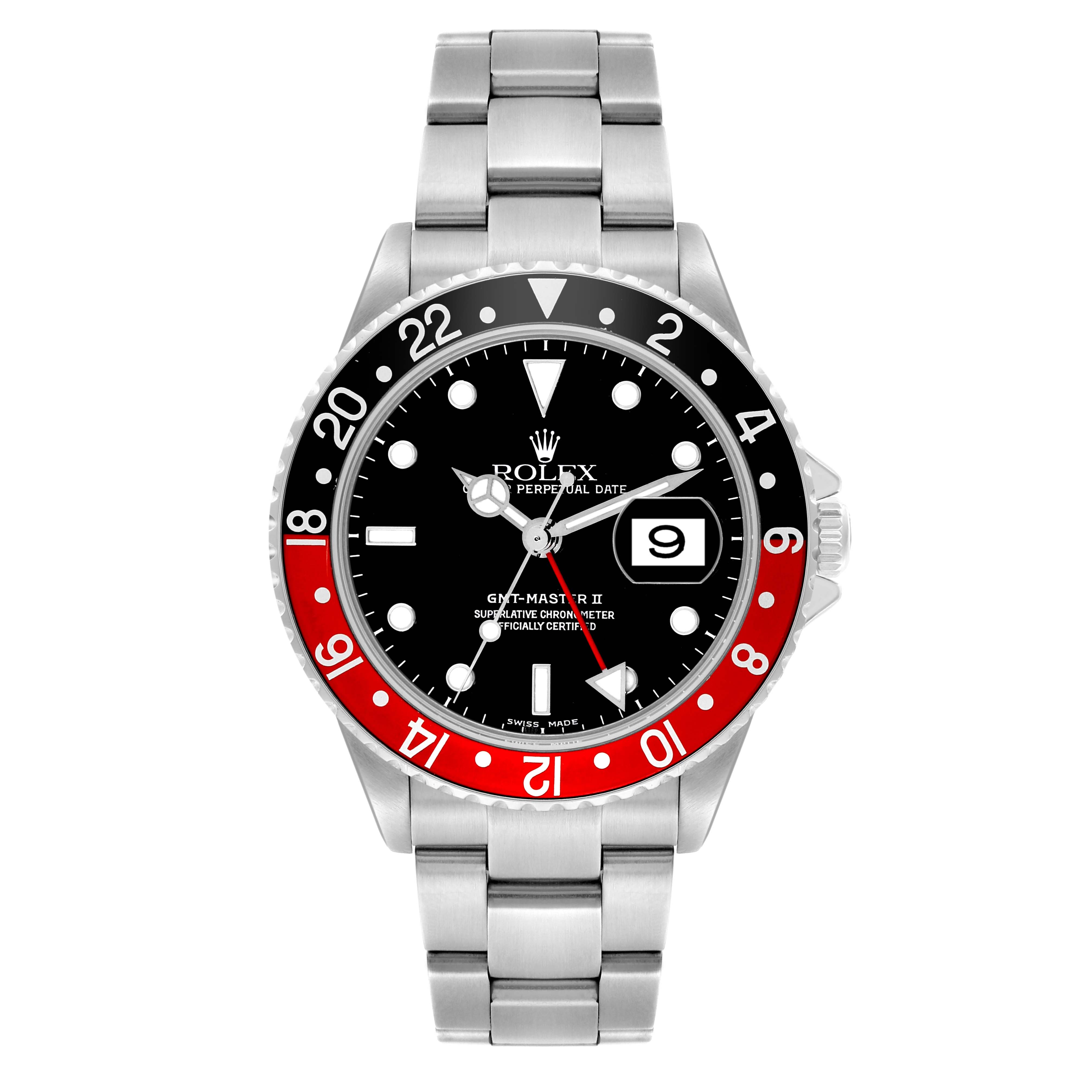 The Rolex GMT-Master 16710 Men
s Stainless Steel Black Dial 16710 Men
s Stainless Steel Black Dial watch is shown from a front view, displaying the bezel, dial, and bracelet.