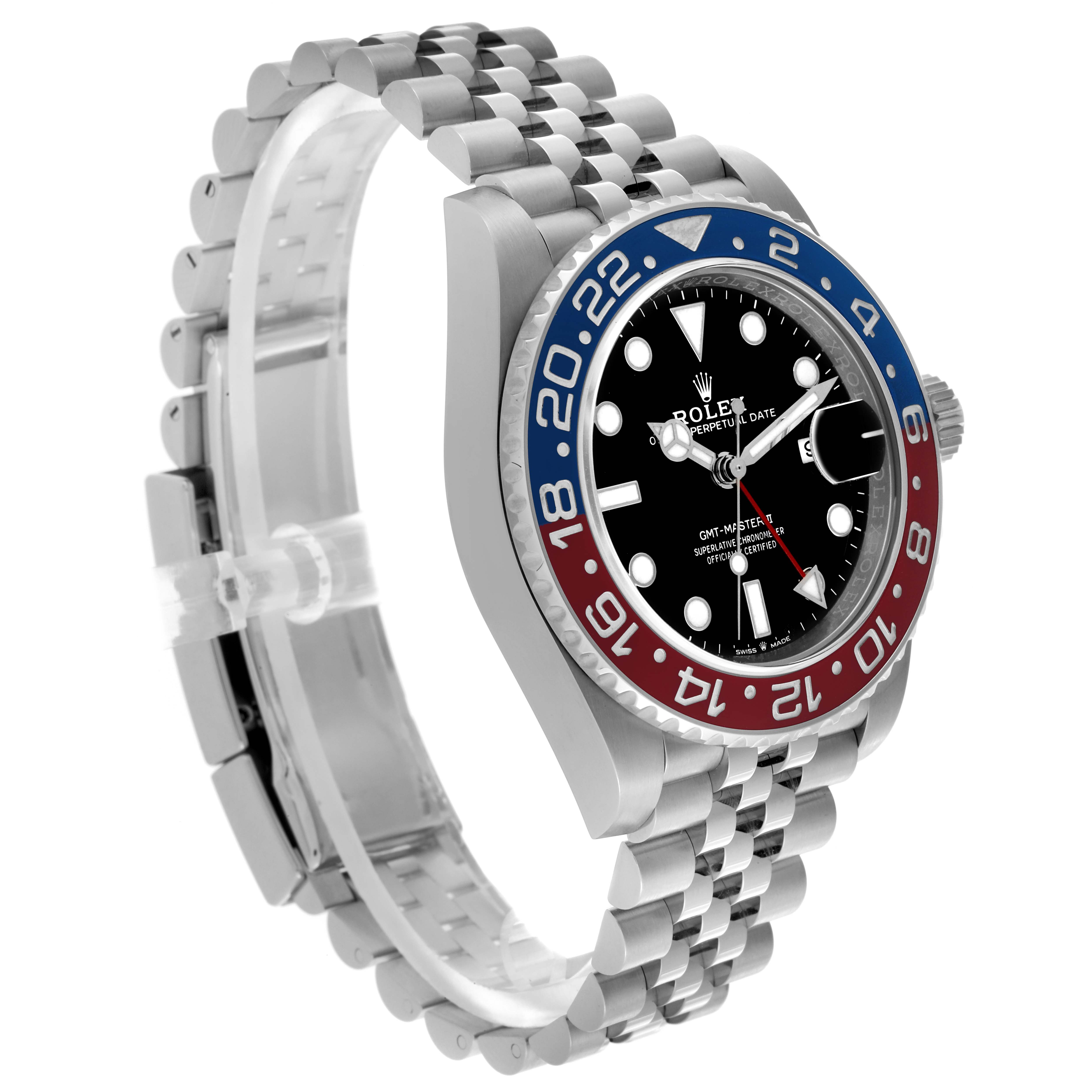 The Rolex GMT-Master 126710 Men's Stainless Steel Black Dial 126710 Men's Stainless Steel Black Dial watch is shown at a side angle, highlighting the bezel, dial, and bracelet.