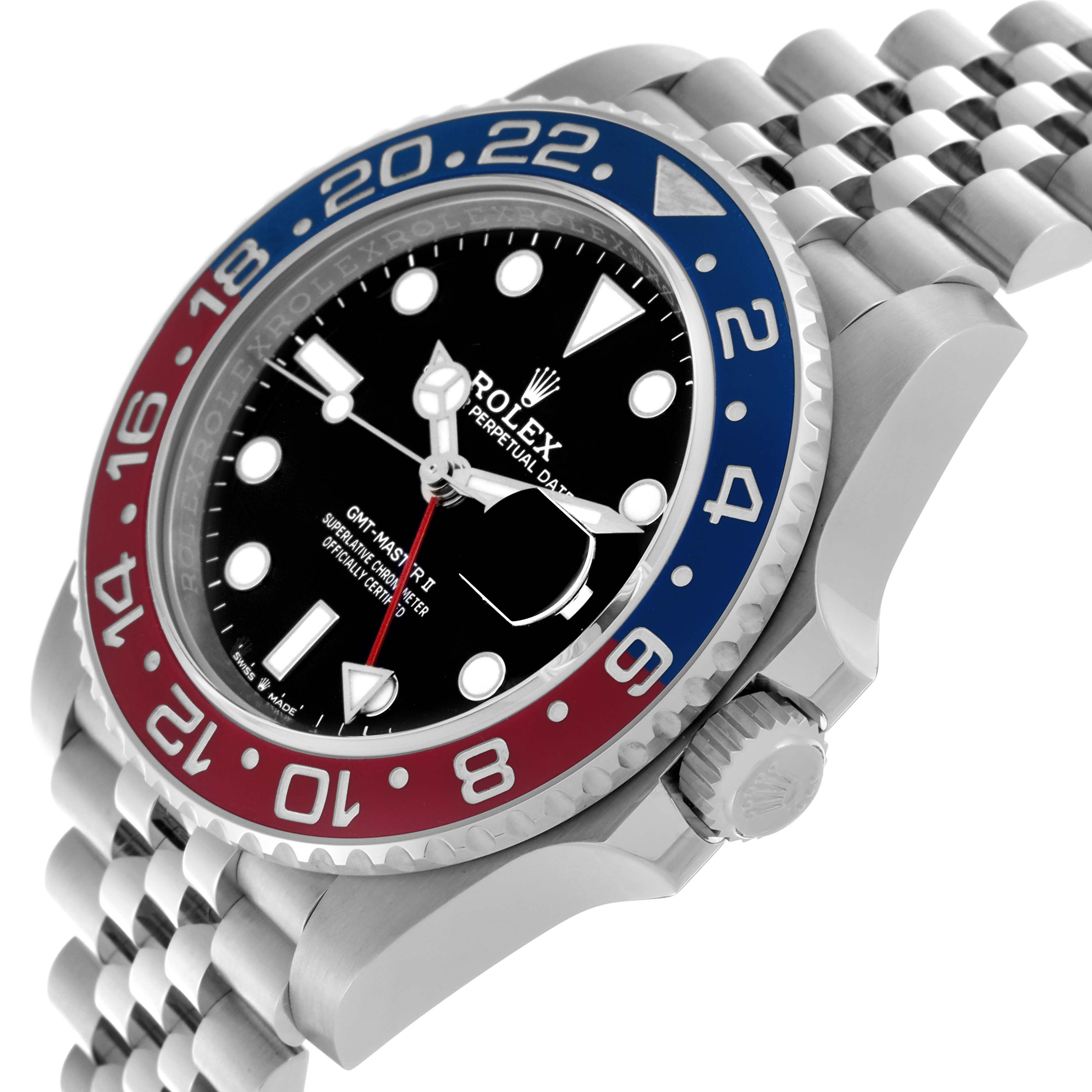 The Rolex GMT-Master 126710 Men's Stainless Steel Black Dial 126710 Men's Stainless Steel Black Dial watch is shown from a side angle, displaying the case, bezel, dial, and part of the bracelet.