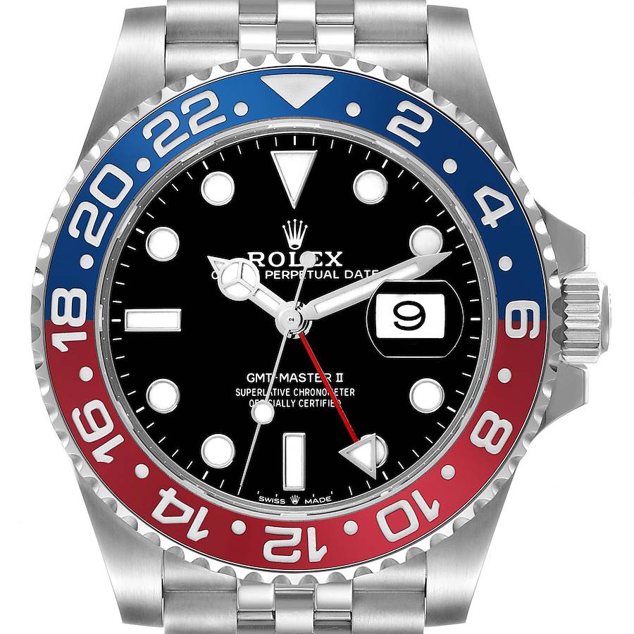 The Rolex GMT-Master watch is shown from the front, displaying the bezel, dial, hands, and part of the bracelet.