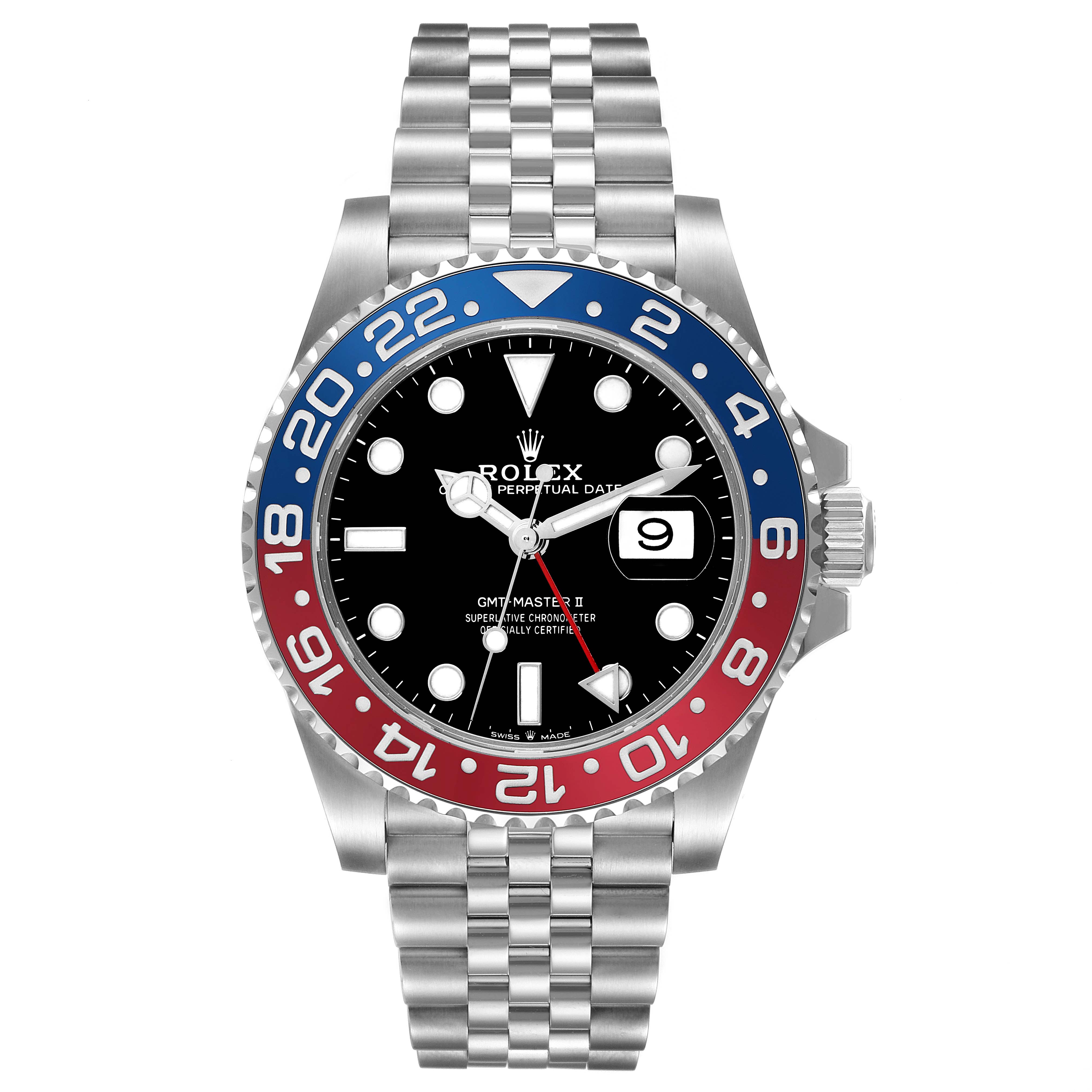 The Rolex GMT-Master 126710 Men's Stainless Steel Black Dial 126710 Men's Stainless Steel Black Dial watch is shown from the front, highlighting the bezel, dial, and bracelet.