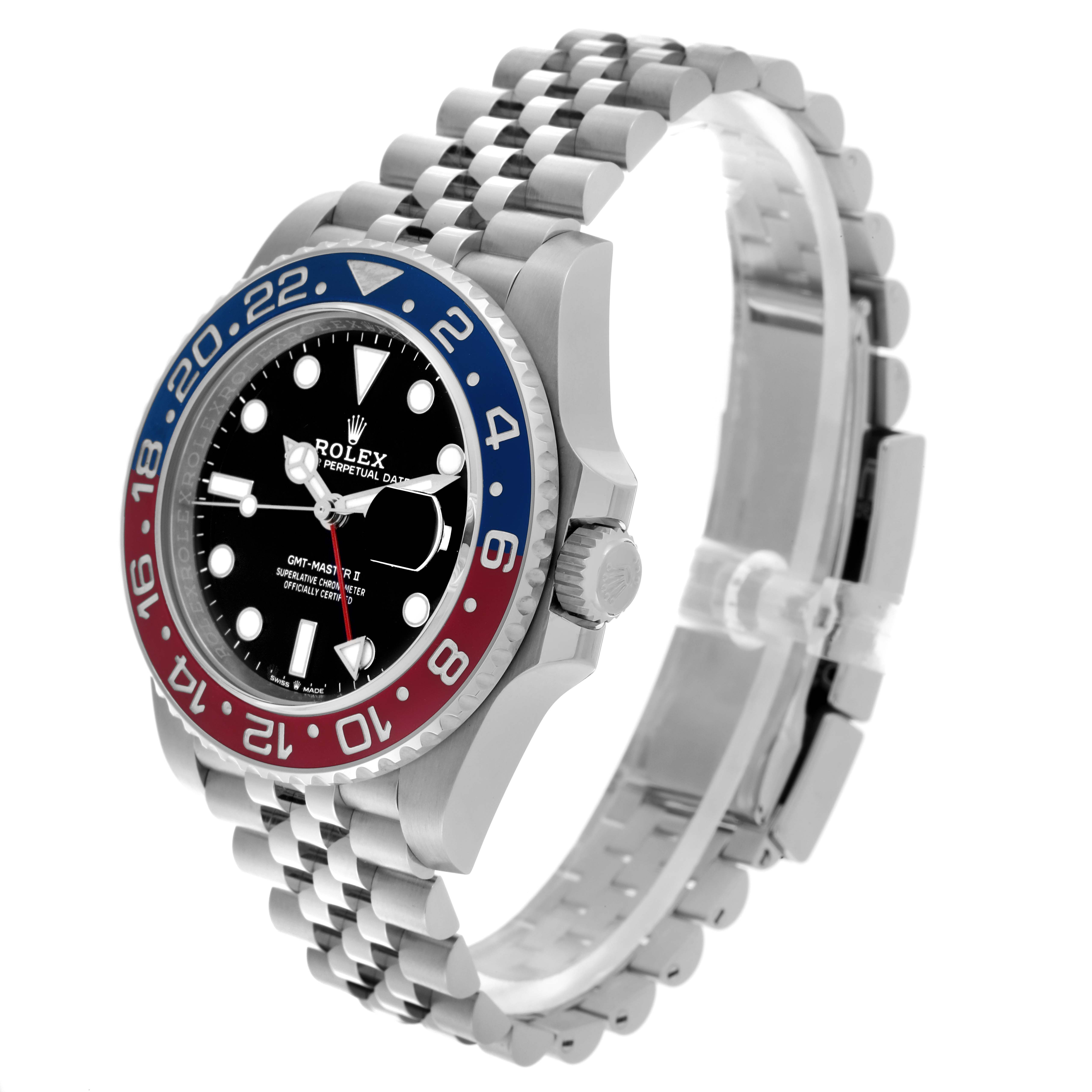 The Rolex GMT-Master 126710 Men's Stainless Steel Black Dial 126710 Men's Stainless Steel Black Dial watch is shown from a front angle, highlighting the bezel, dial, and bracelet.