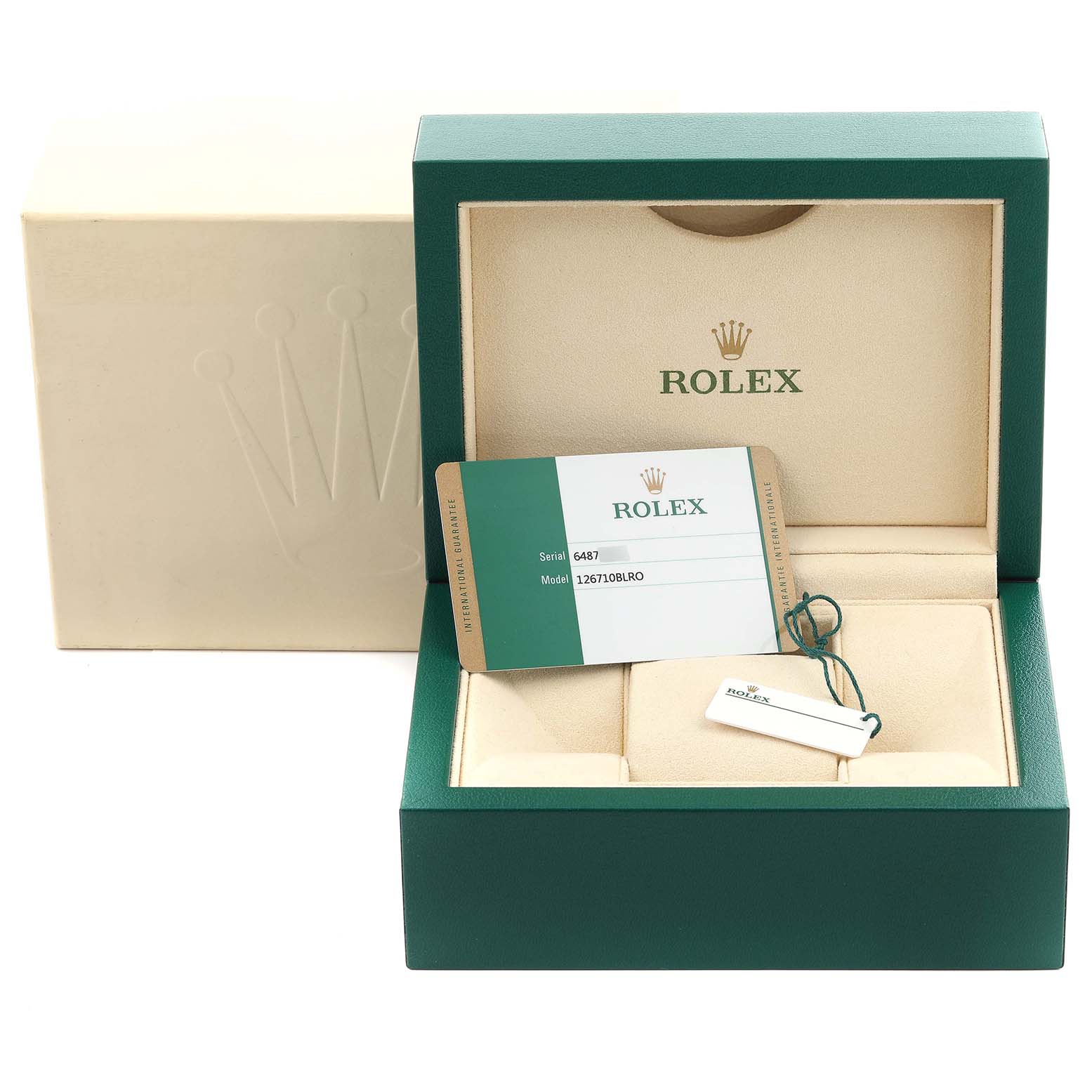 The image shows the packaging for a Rolex GMT-Master 126710 Men's Stainless Steel Black Dial 126710 Men's Stainless Steel Black Dial, including the box, warranty card, and tag.