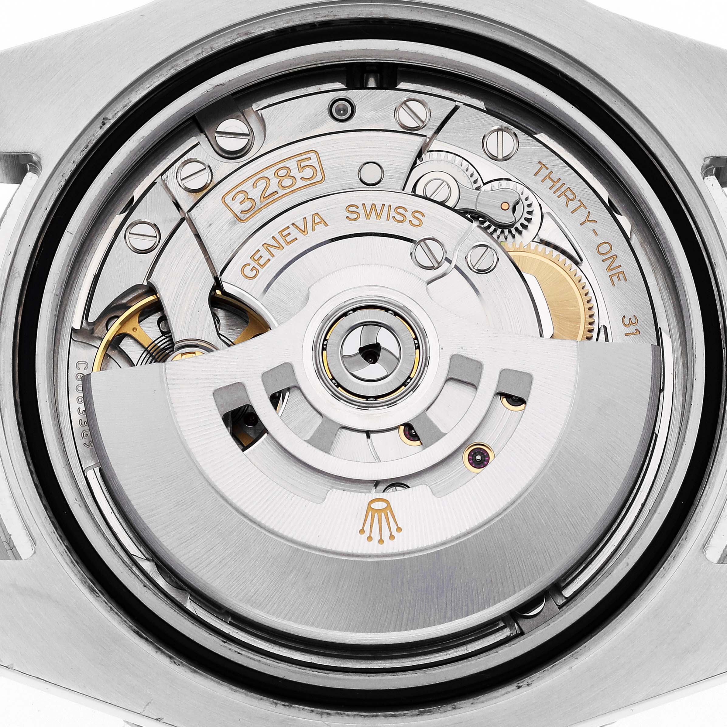 This image shows the back view of a Rolex GMT-Master 126710 Men's Stainless Steel Black Dial 126710 Men's Stainless Steel Black Dial movement, highlighting the Caliber 3285 rotor and internal components.