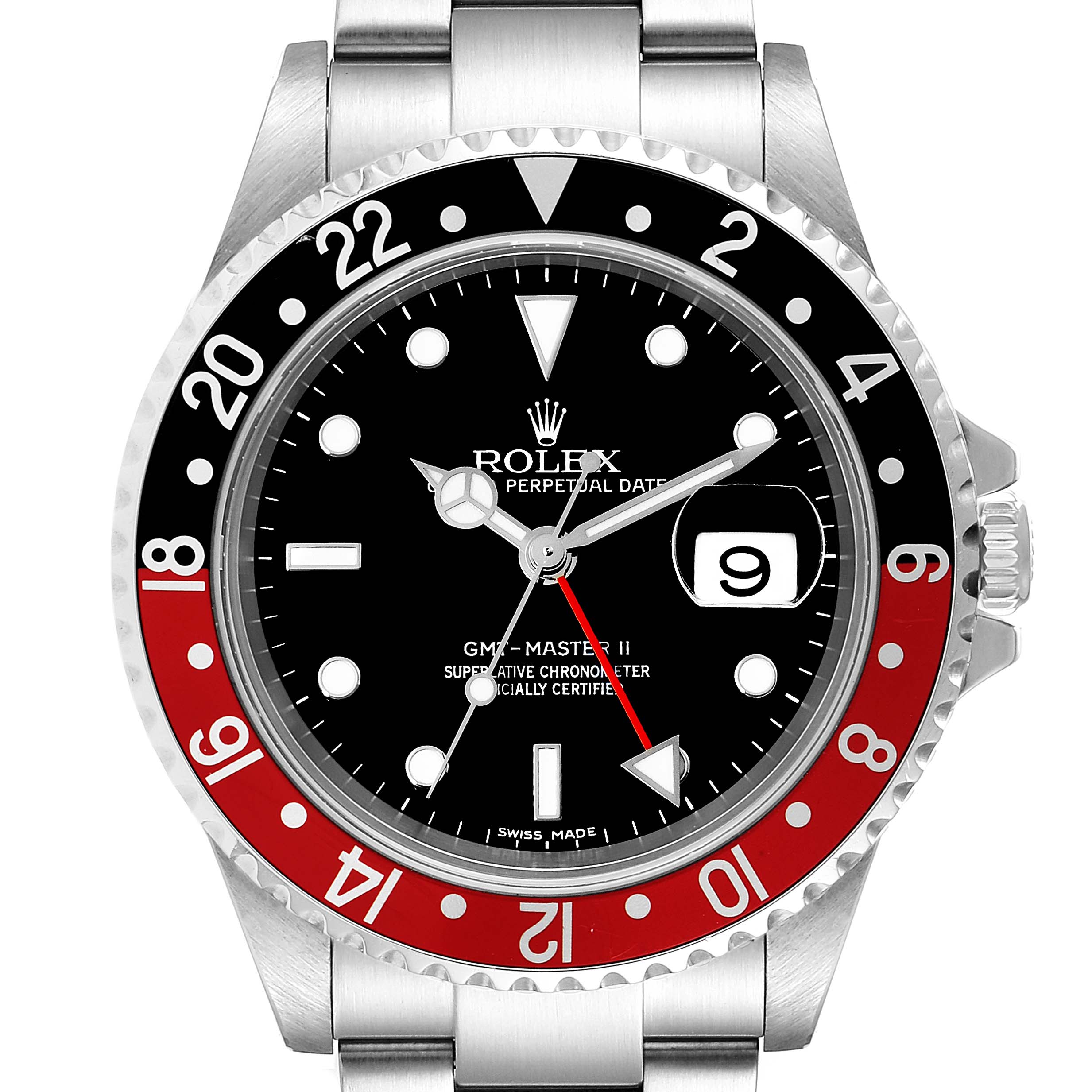 The Rolex GMT-Master 16710 Men's Stainless Steel Black Dial 16710 Men's Stainless Steel Black Dial II watch is shown from a front angle, displaying the bezel, dial, hands, and bracelet.