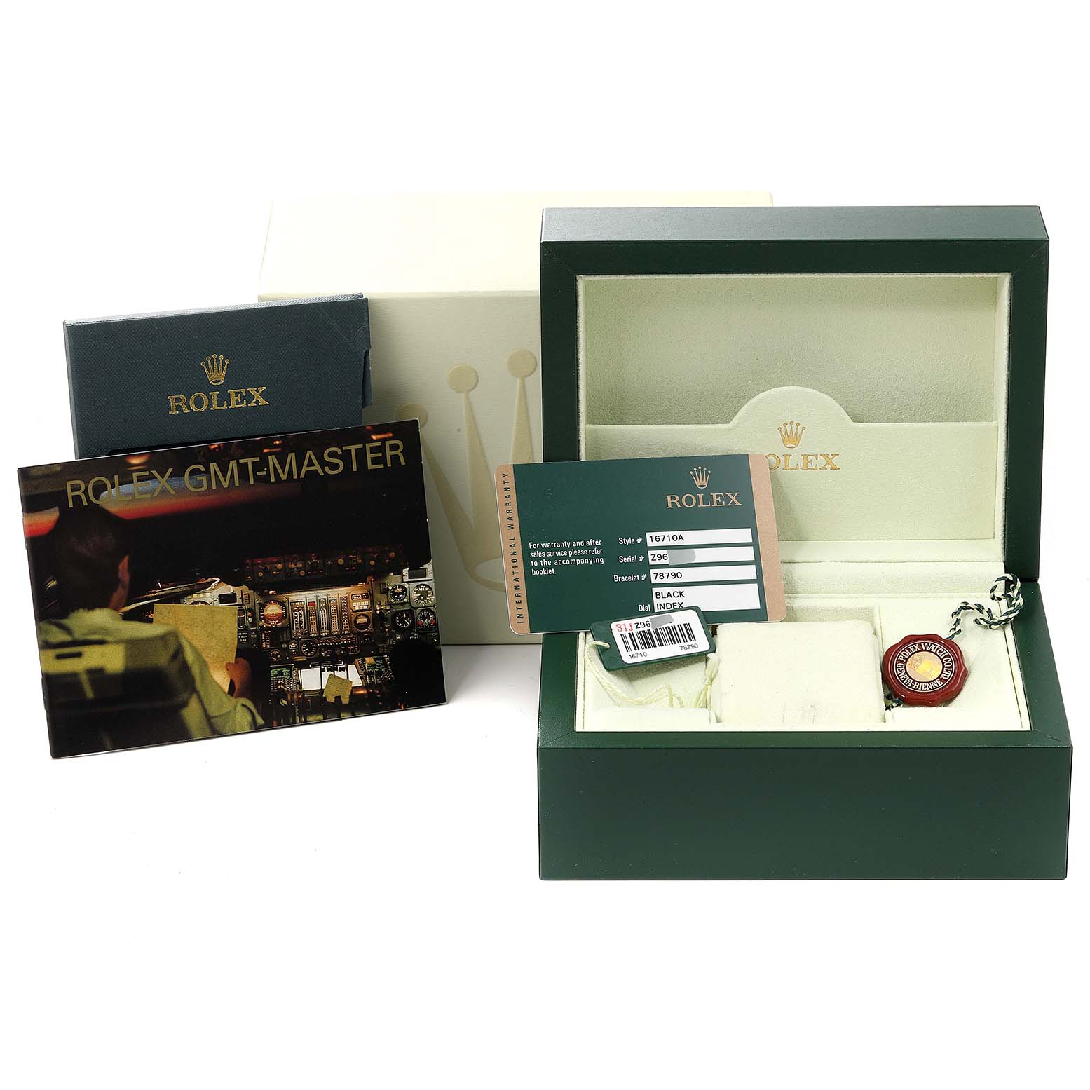 The image shows the packaging, warranty card, hang tag, and instruction booklet for a Rolex GMT-Master 16710 Men's Stainless Steel Black Dial 16710 Men's Stainless Steel Black Dial watch.