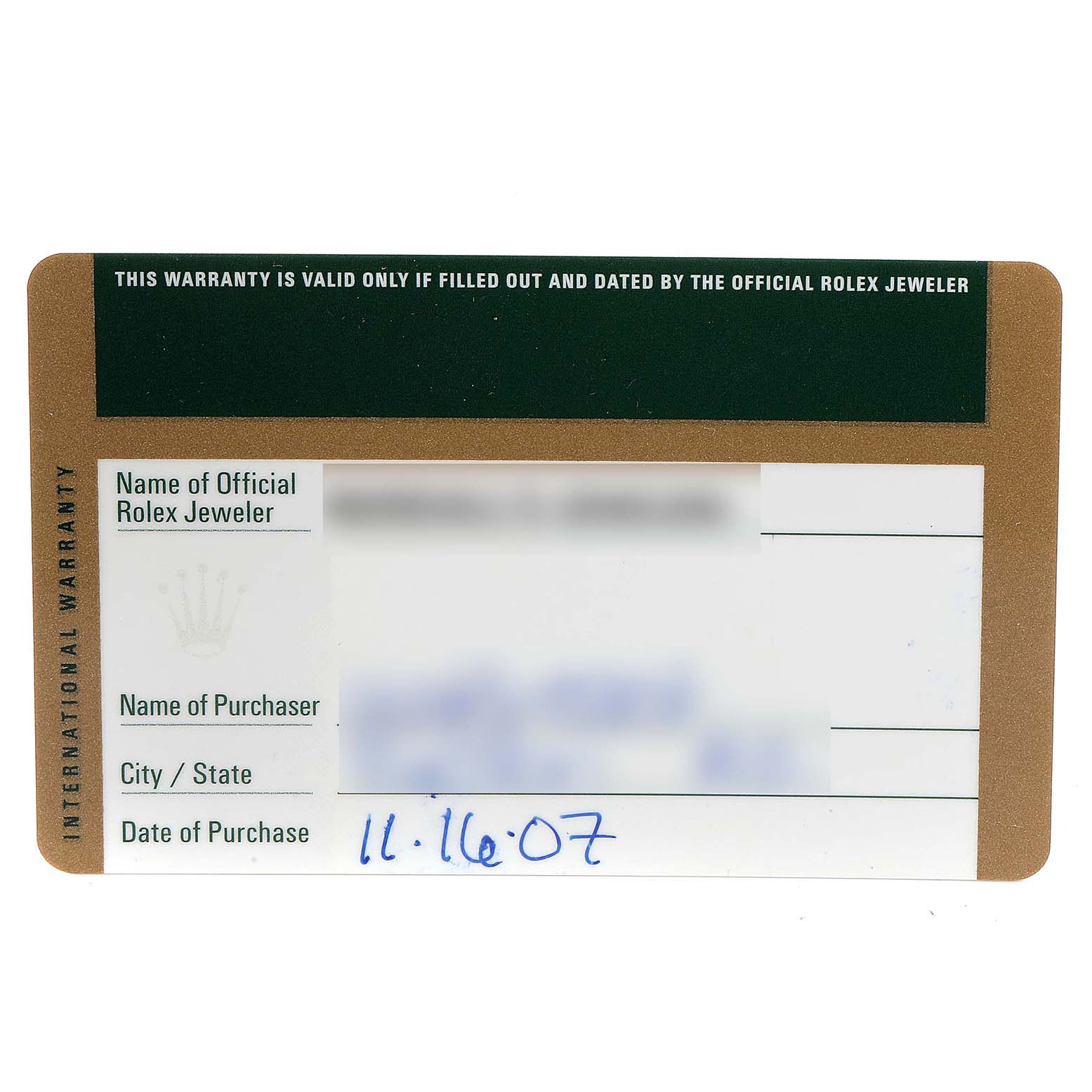 This image shows an international warranty card for a Rolex GMT-Master 16710 Men's Stainless Steel Black Dial 16710 Men's Stainless Steel Black Dial watch, partially filled out with purchase details.