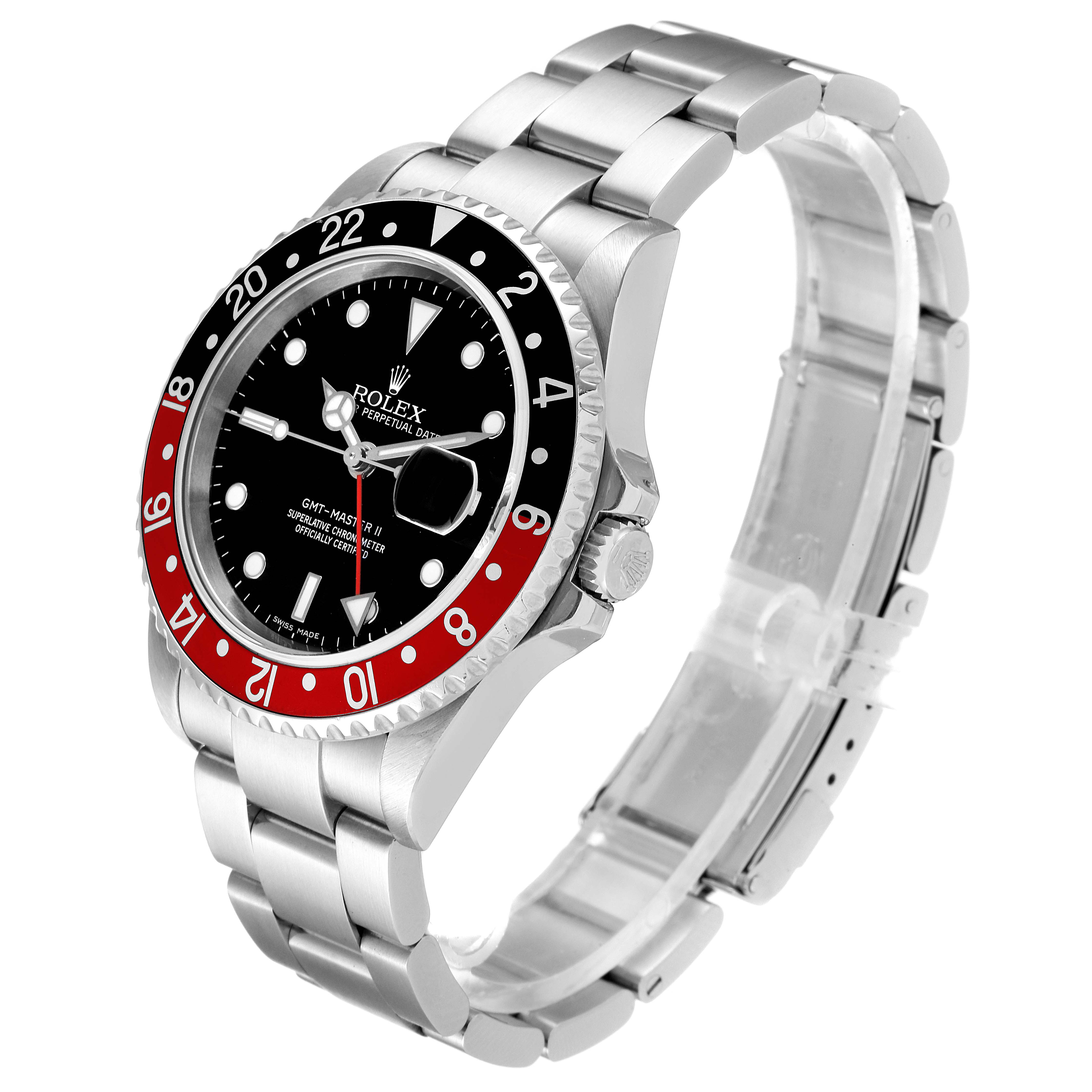 This image shows a side-angle view of a Rolex GMT-Master 16710 Men's Stainless Steel Black Dial 16710 Men's Stainless Steel Black Dial watch, displaying the face, bezel, crown, and metal bracelet.