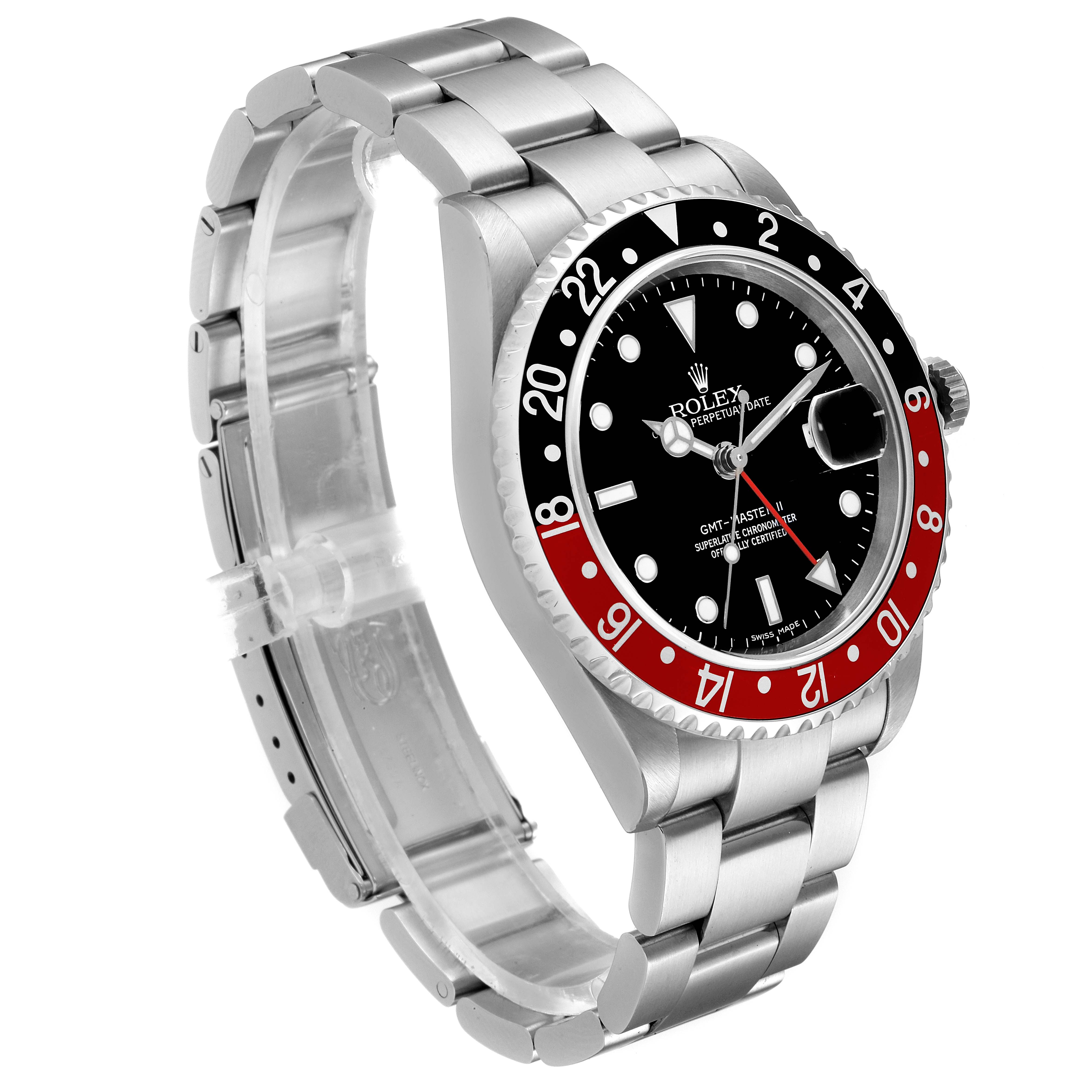 The image shows a side view of the Rolex GMT-Master 16710 Men's Stainless Steel Black Dial 16710 Men's Stainless Steel Black Dial watch, highlighting its bezel, dial, and stainless steel bracelet.