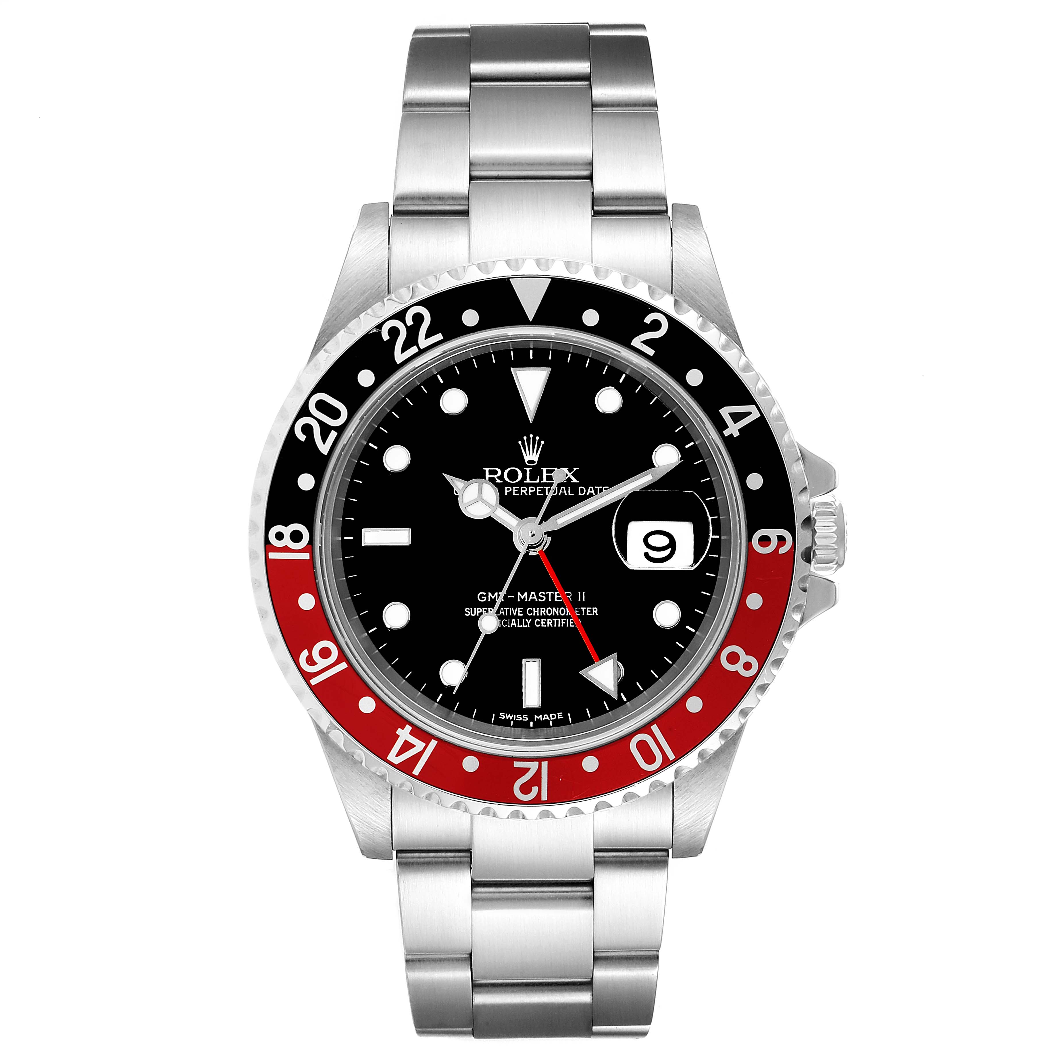The image shows a frontal view of the Rolex GMT-Master 16710 Men's Stainless Steel Black Dial 16710 Men's Stainless Steel Black Dial II watch, highlighting the bezel, dial, and bracelet.