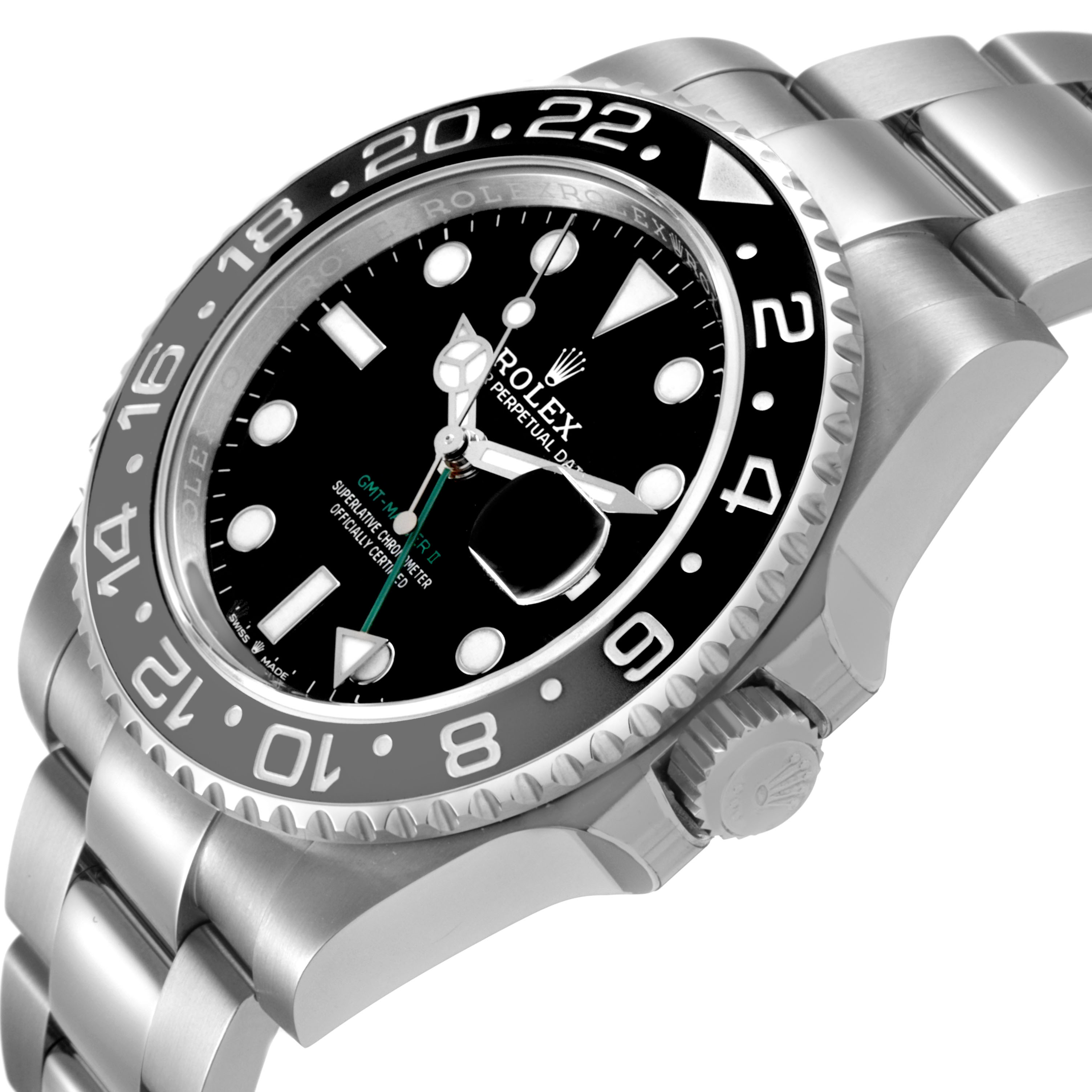 The Rolex GMT-Master 126710GRNR Men's Stainless Steel Black Dial watch is shown from an angled side view, highlighting the bezel, dial, and bracelet.