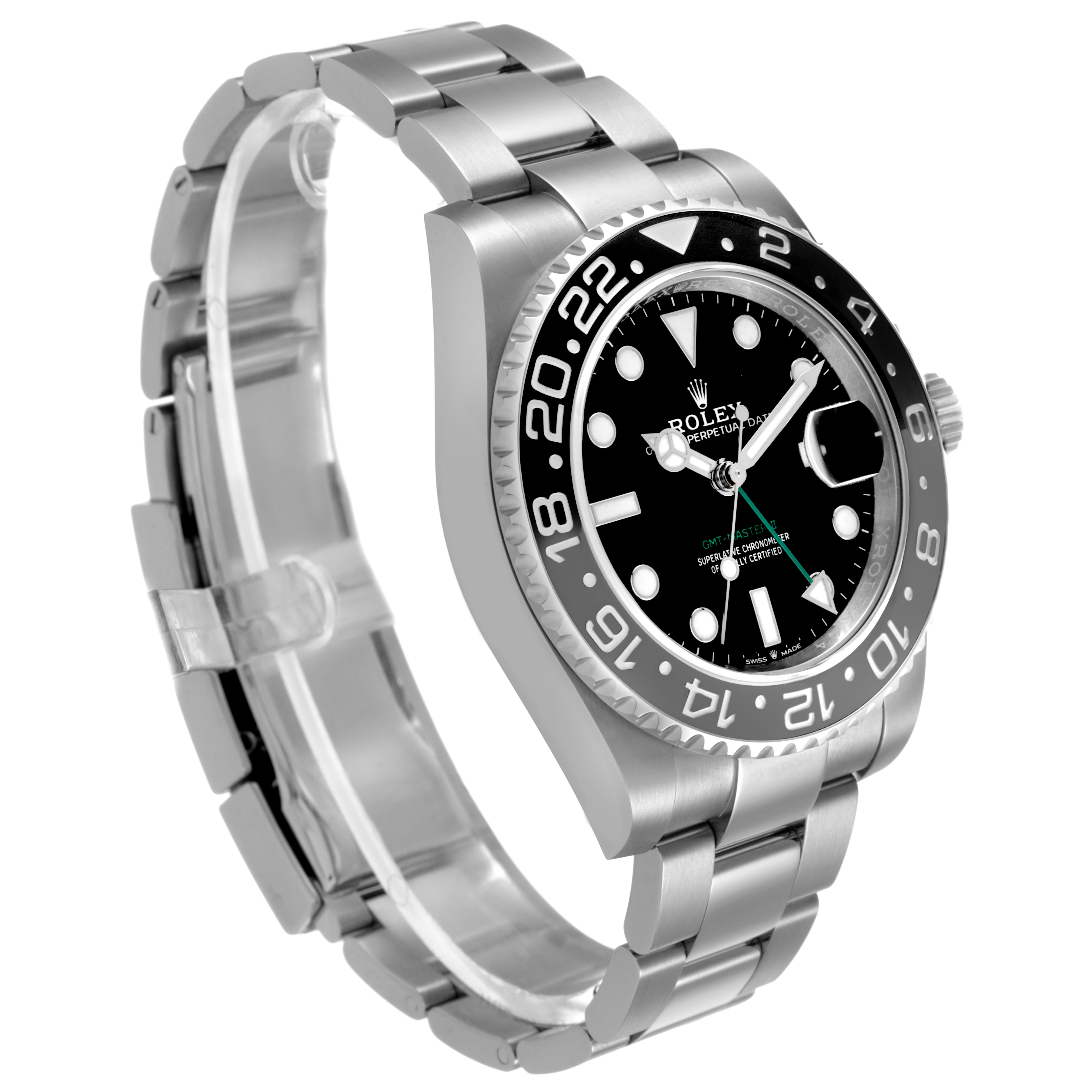The Rolex GMT-Master 126710GRNR Men's Stainless Steel Black Dial watch is shown at a three-quarter angle, displaying the face, bezel, case, and bracelet.