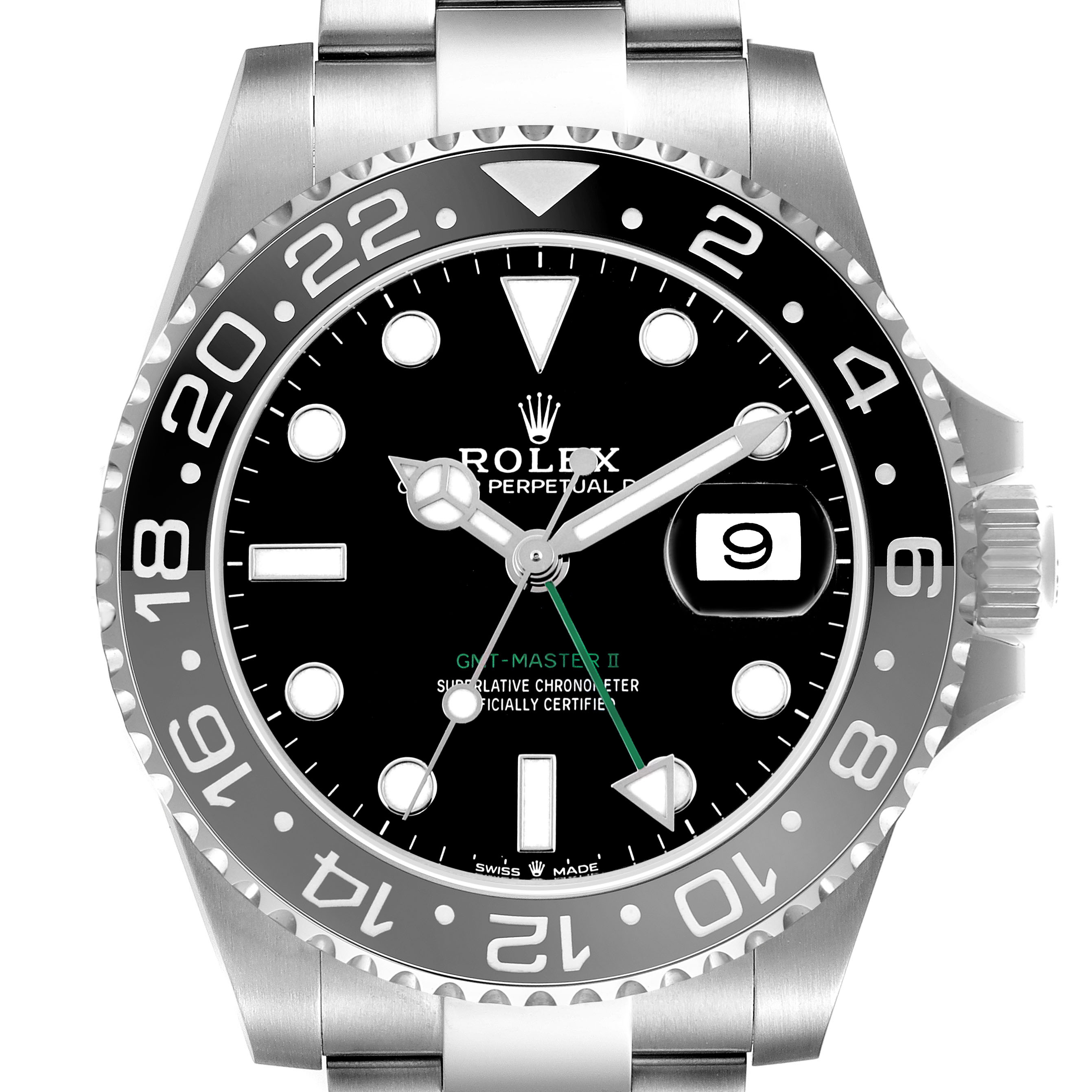The image shows a front view of a Rolex GMT-Master 126710GRNR Men's Stainless Steel Black Dial II, highlighting the face, bezel, and crown.