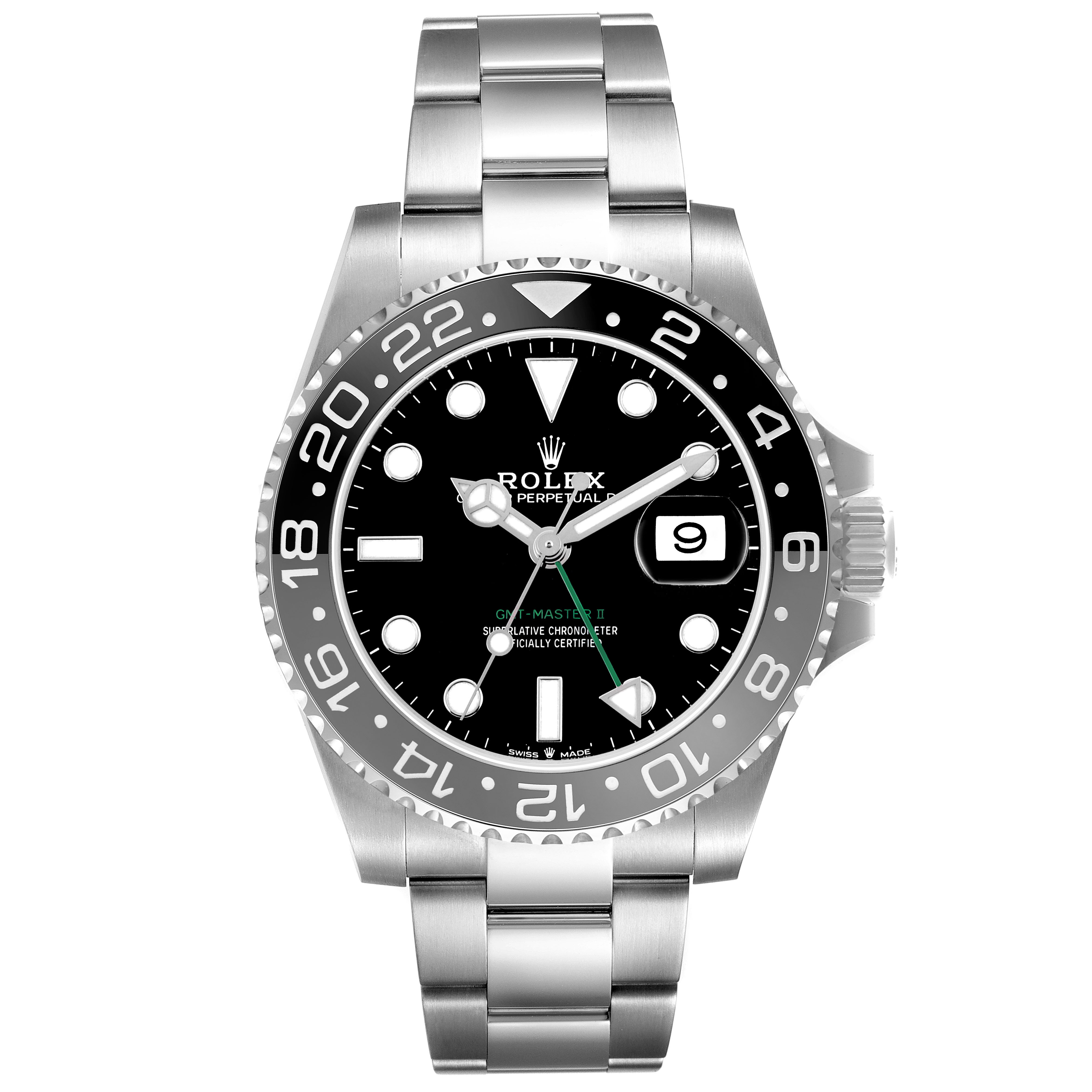 The Rolex GMT-Master 126710GRNR Men's Stainless Steel Black Dial watch is shown from a front angle, displaying the bezel, dial, hands, and bracelet.