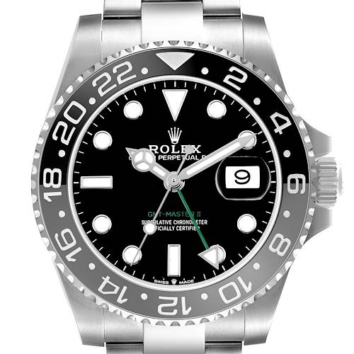 The Rolex GMT-Master 126710GRNR Men's Stainless Steel Black Dial watch is shown from a top view, displaying the bezel, face, and bracelet links.