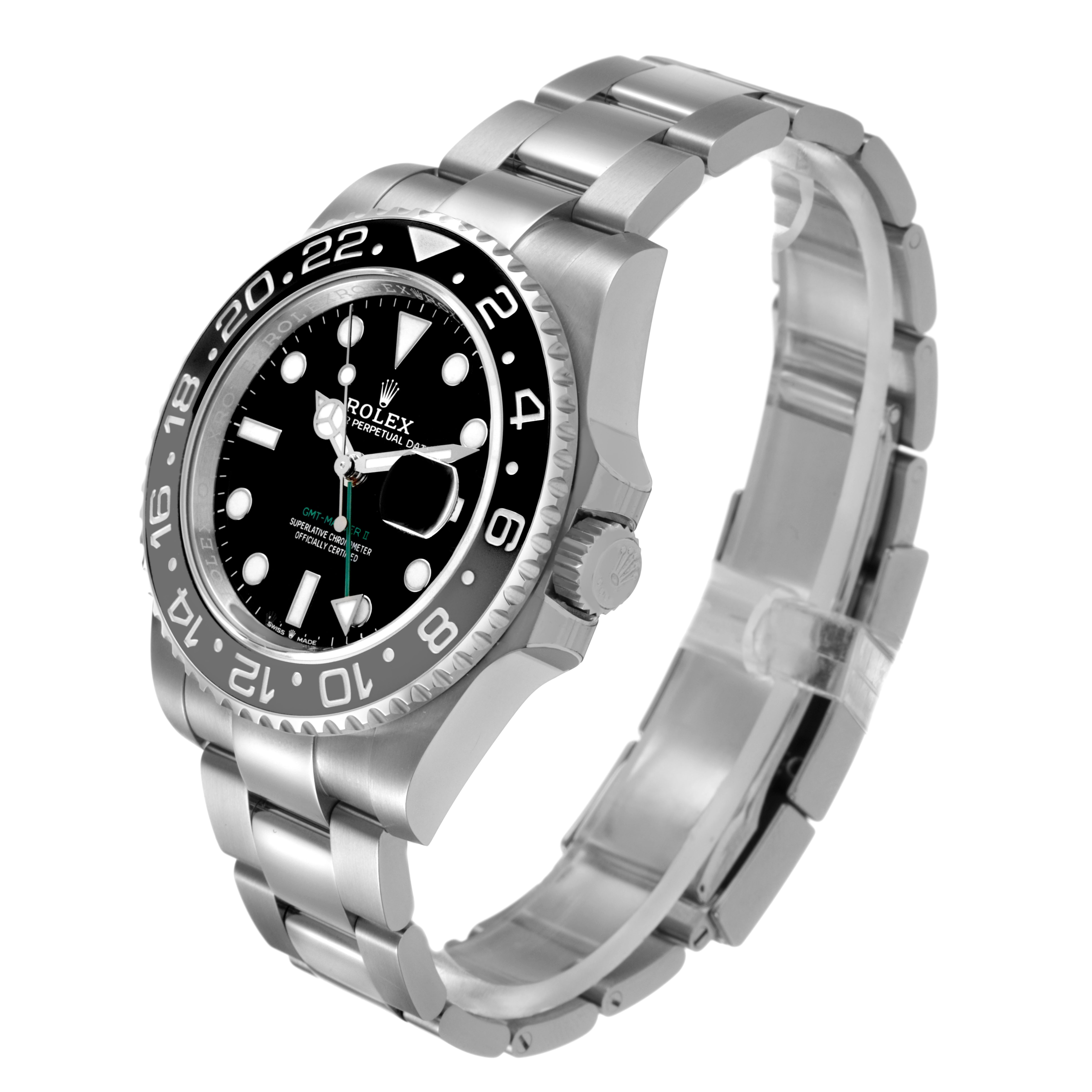 The Rolex GMT-Master 126710GRNR Men's Stainless Steel Black Dial watch is shown at an angled side view, highlighting the bezel, dial, and bracelet.