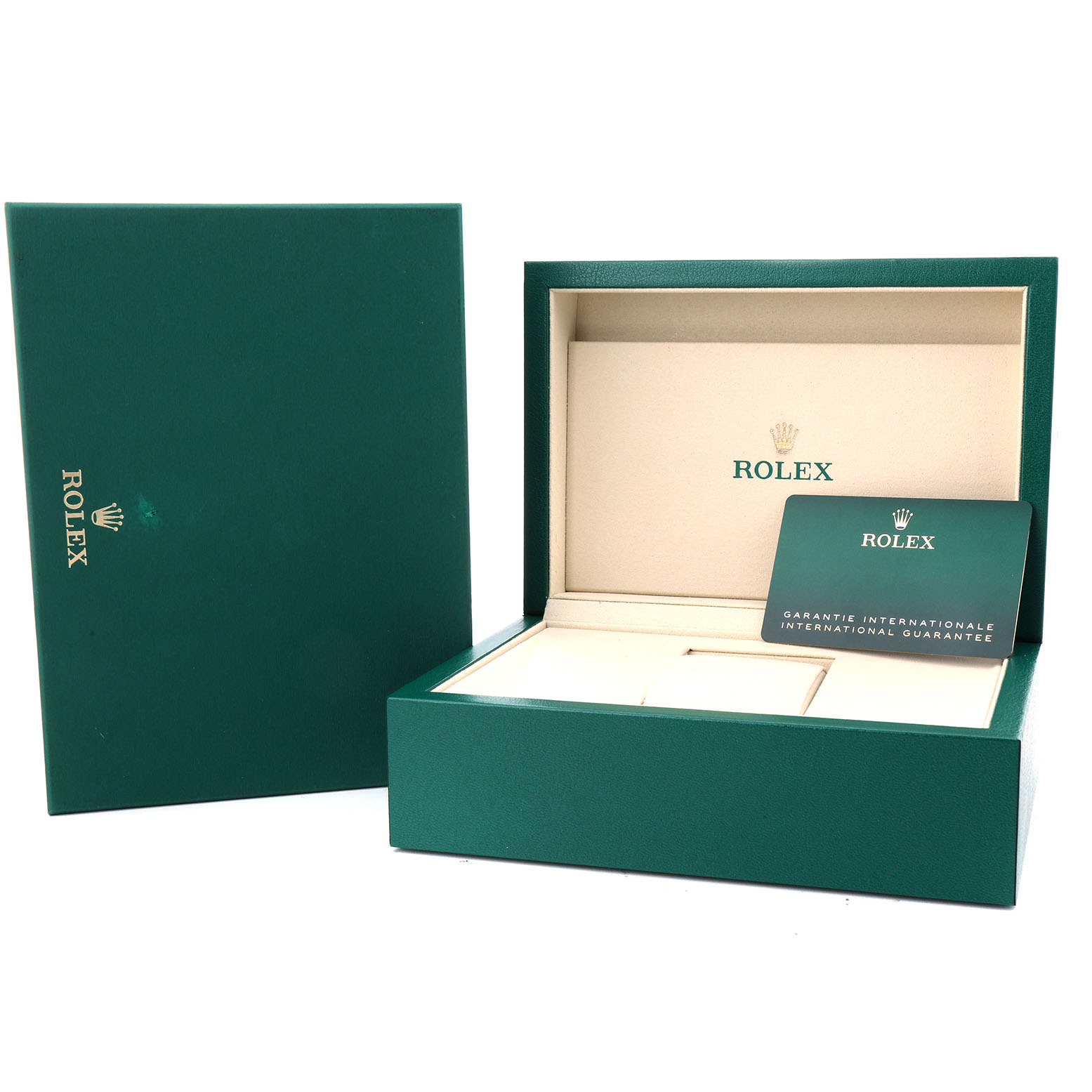 The image shows the open box and warranty card of a Rolex GMT-Master 126710GRNR Men's Stainless Steel Black Dial.