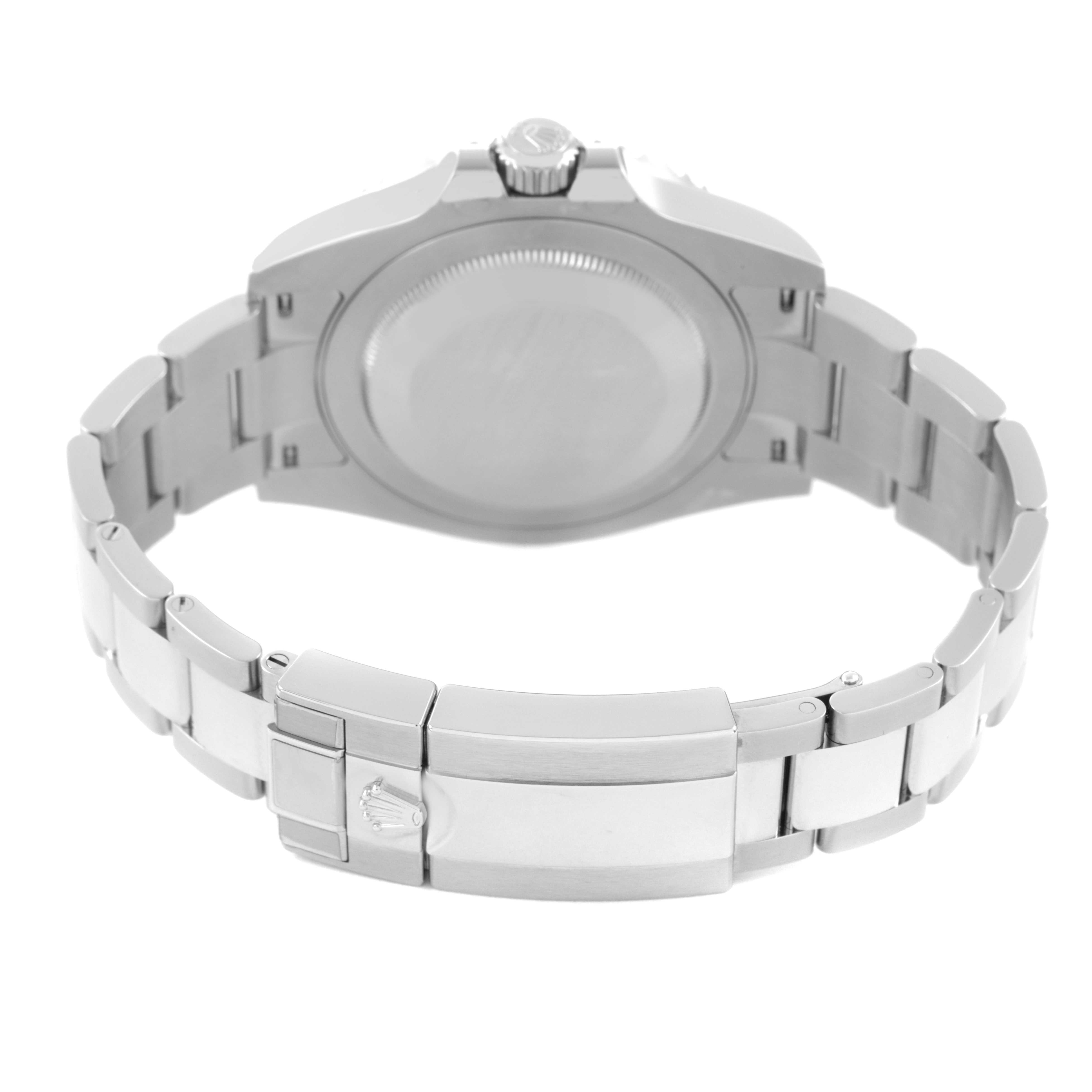 The image shows the back of the Rolex GMT-Master 126710GRNR Men's Stainless Steel Black Dial watch, highlighting the bracelet, clasp, and case back.