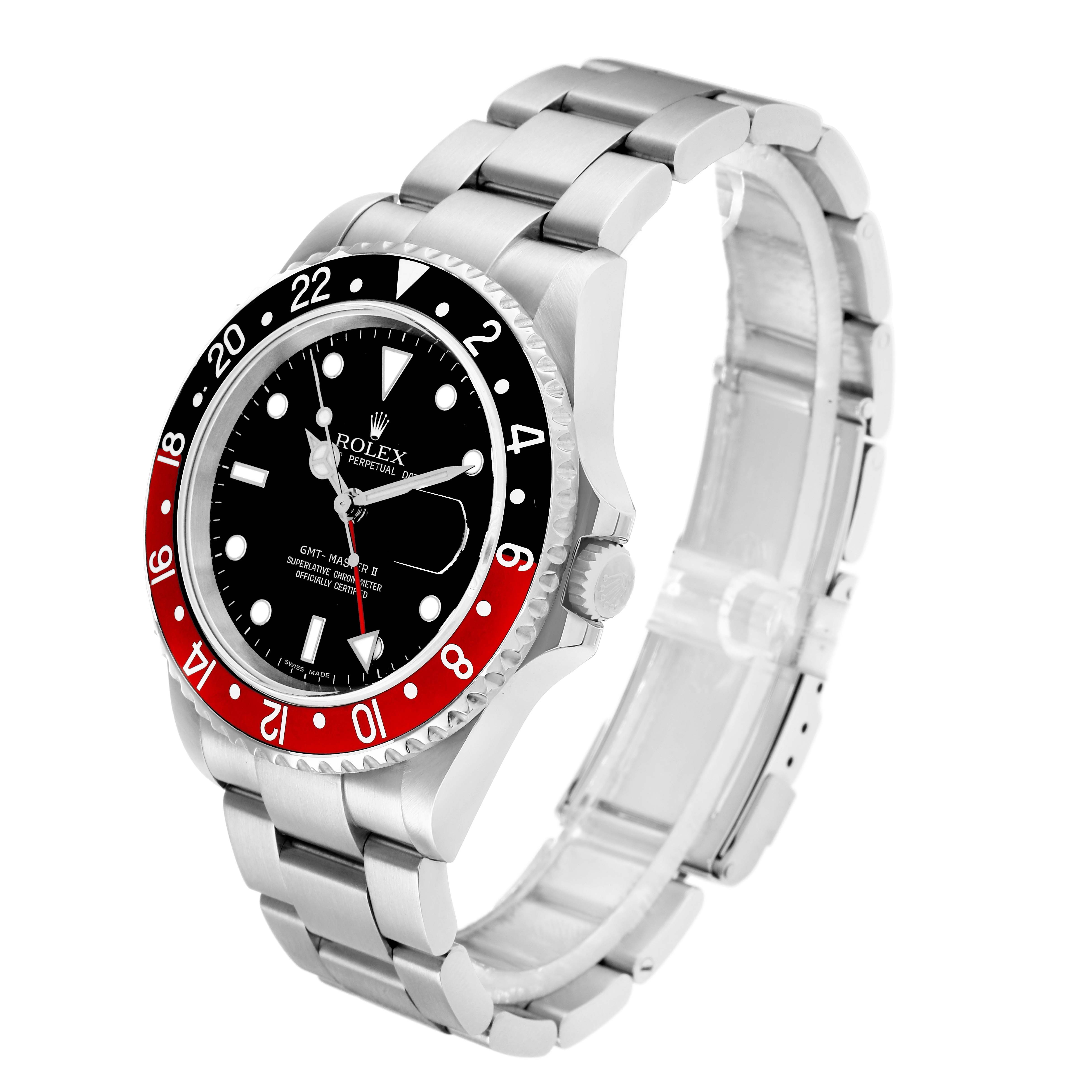 The Rolex GMT-Master 16710 Men
s Stainless Steel Black Dial watch is shown at an angle displaying the face, bezel, crown, and bracelet.