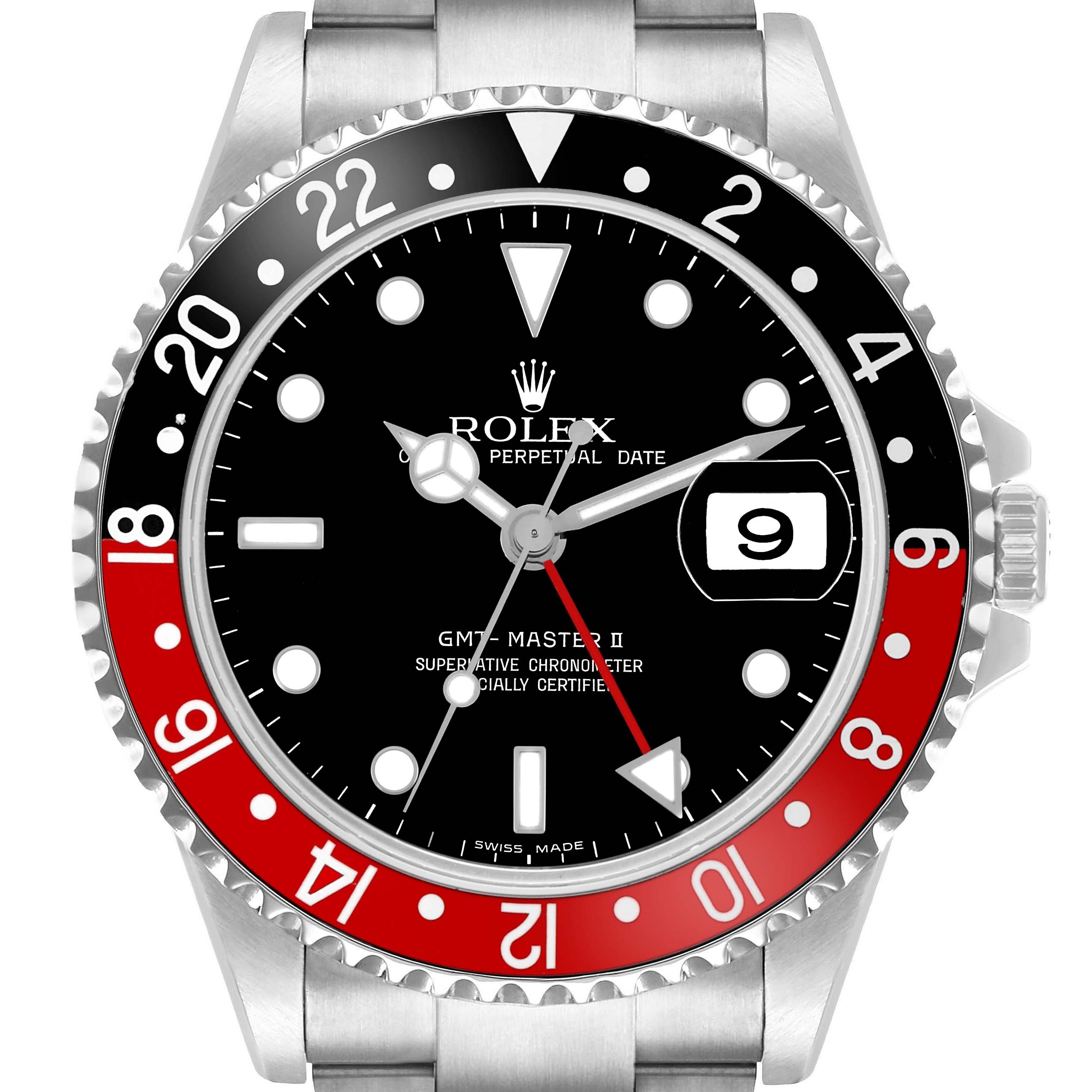 The Rolex GMT-Master 16710 Men
s Stainless Steel Black Dial model is shown from the front, displaying its black and red bezel and dial with date window and hour markers.