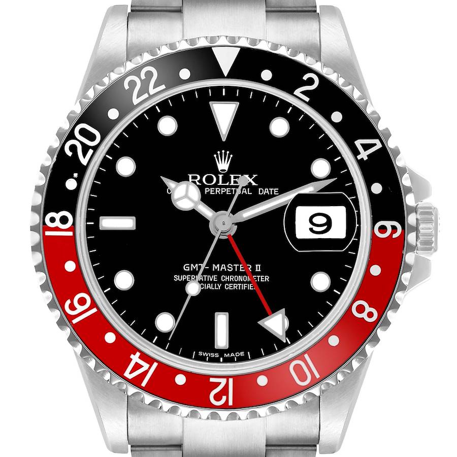 The Rolex GMT-Master 16710 Men's Stainless Steel Black Dial model is shown from the front, displaying its black and red bezel and dial with date window and hour markers.