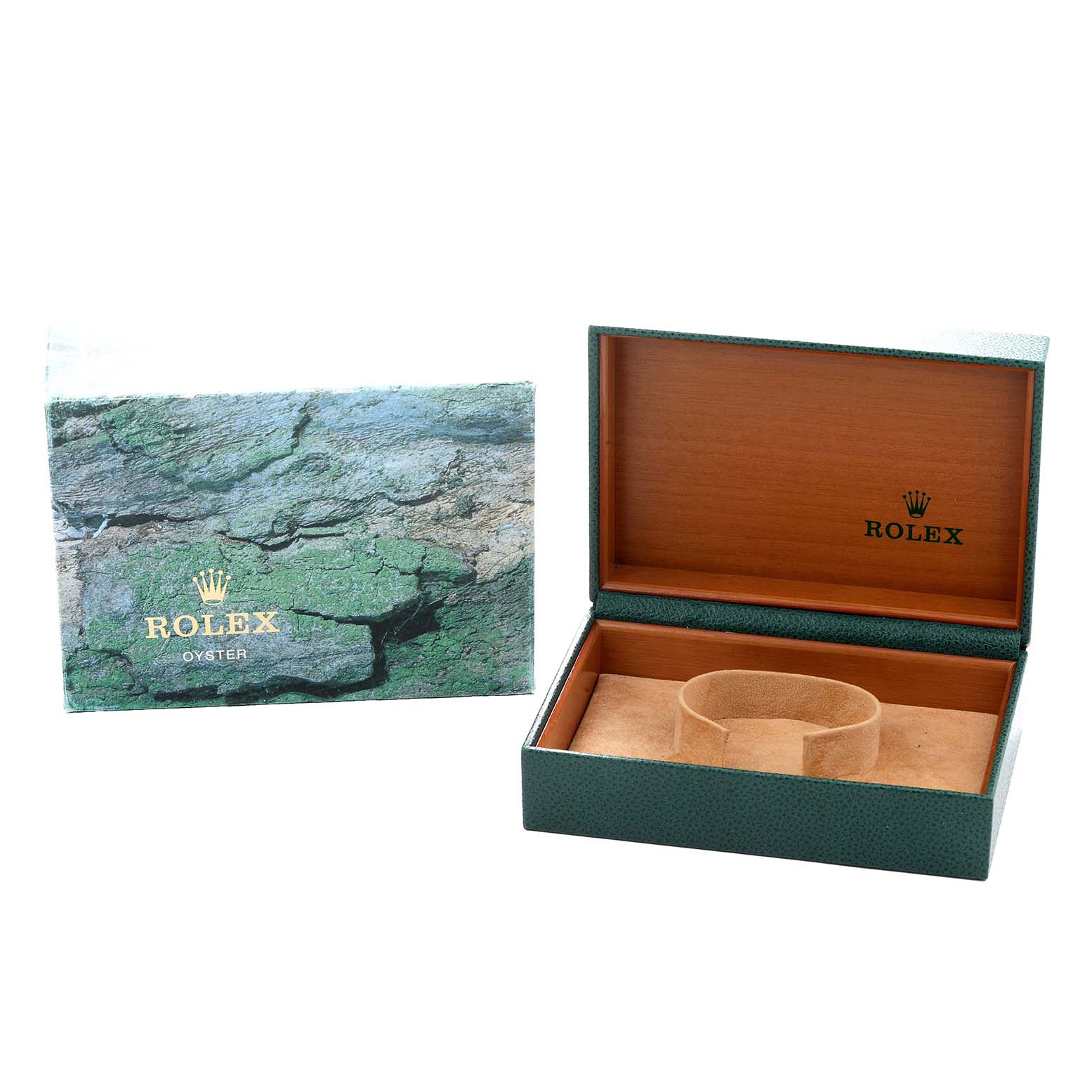 The image shows an open Rolex GMT-Master 16710 Men
s Stainless Steel Black Dial box and cover, featuring the brand logo and a textured exterior design.