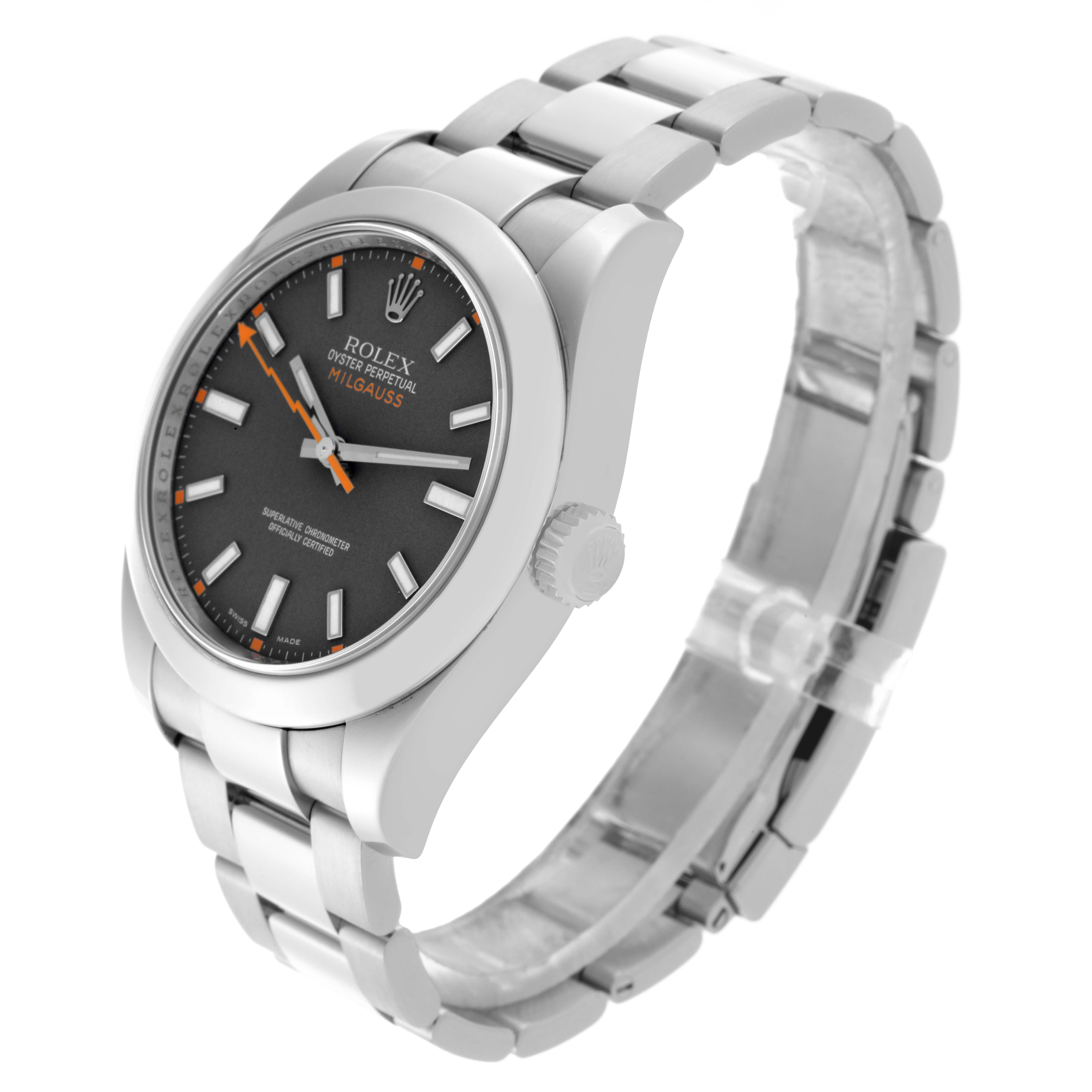 The Rolex Milgauss 116400 Men
s Stainless Steel Black Dial 116400 Men
s Stainless Steel Black Dial watch is shown at a three-quarter angle, displaying the dial, bezel, and bracelet.