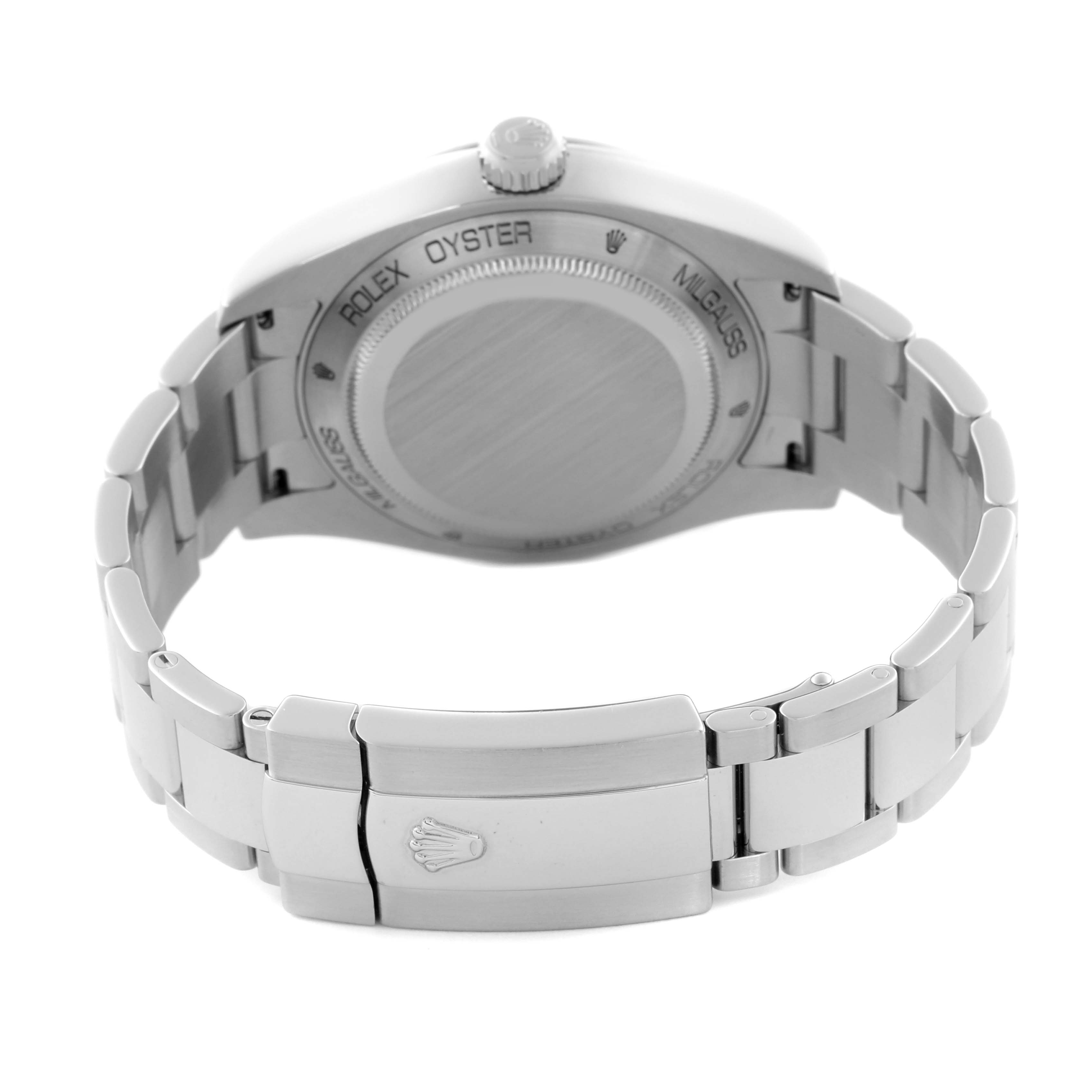 This image shows the Rolex Milgauss 116400 Men
s Stainless Steel Black Dial 116400 Men
s Stainless Steel Black Dial watch from the back, highlighting the clasp and case back.