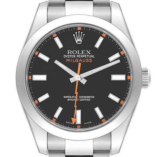 The Rolex Milgauss watch is shown from a front angle, displaying the face, hands, and bracelet.