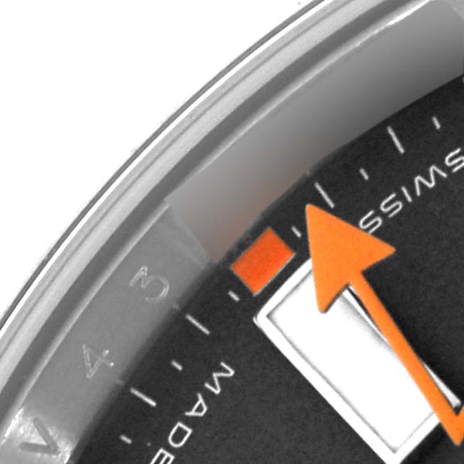 The close-up angle of the Rolex Milgauss 116400 Men
s Stainless Steel Black Dial 116400 Men
s Stainless Steel Black Dial shows the orange second hand, part of the dial, and the "Swiss Made" text.