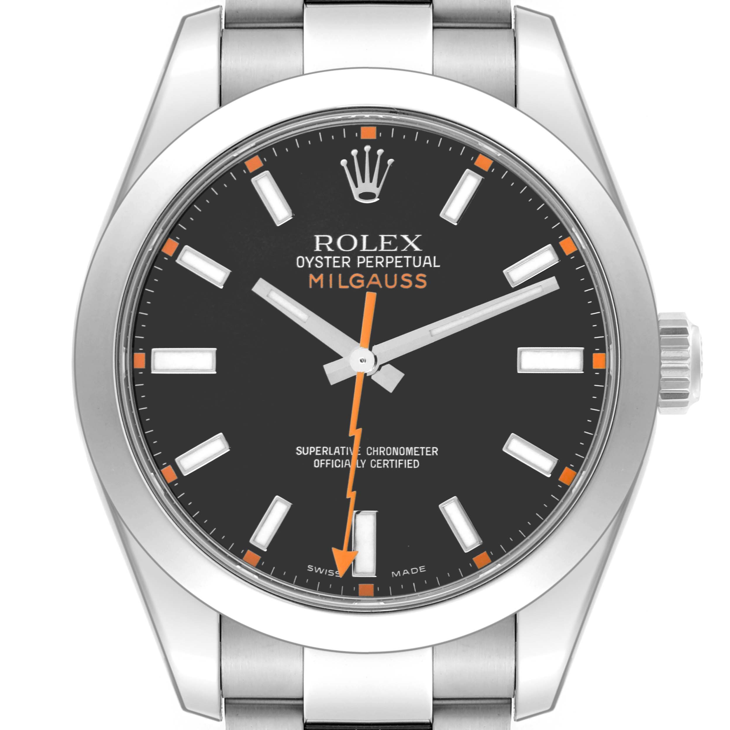 The Rolex Milgauss 116400 Men
s Stainless Steel Black Dial 116400 Men
s Stainless Steel Black Dial watch is shown from a front angle, displaying its dial, hands, and bracelet.