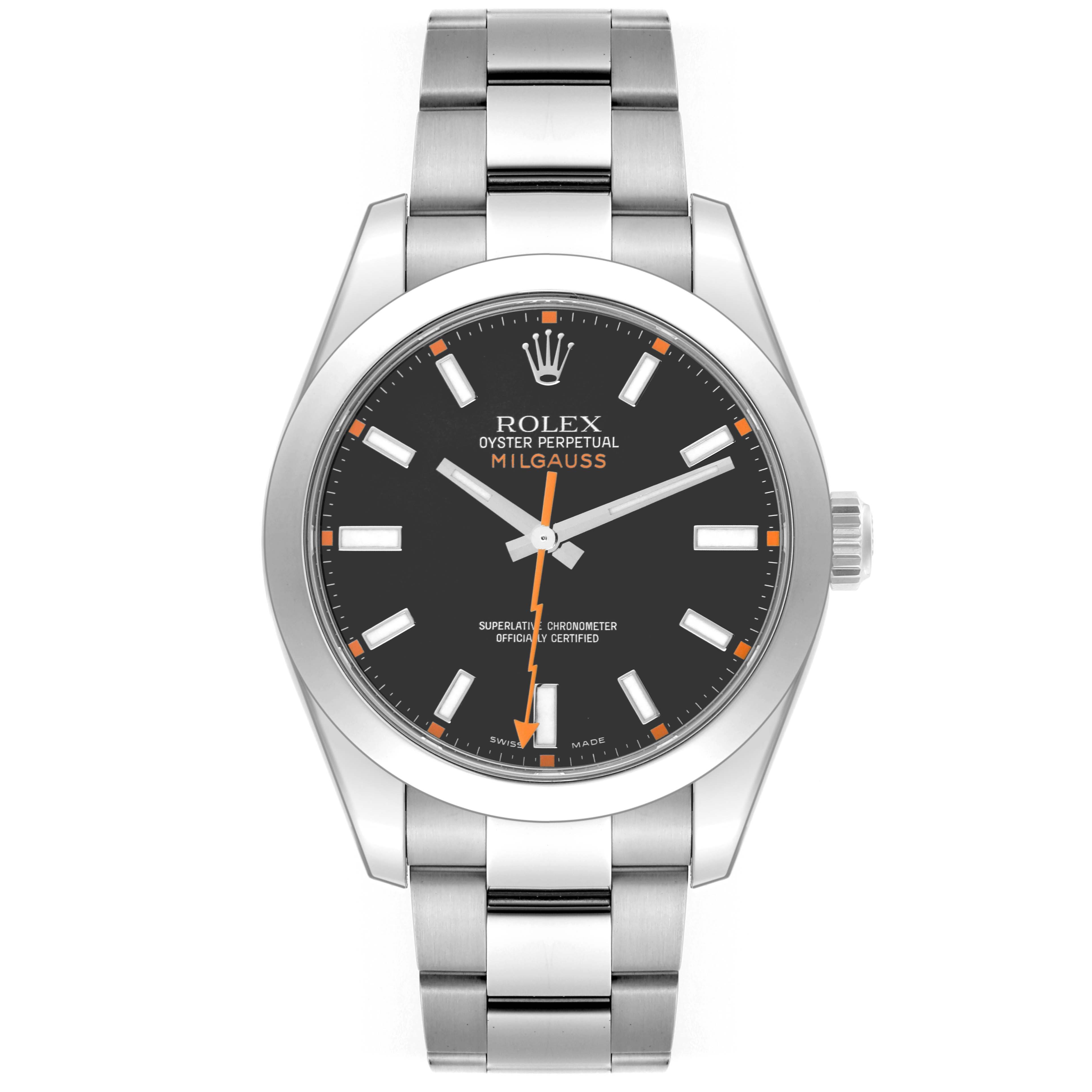 The image shows a front view of the Rolex Milgauss 116400 Men
s Stainless Steel Black Dial 116400 Men
s Stainless Steel Black Dial watch, displaying the face and bracelet.