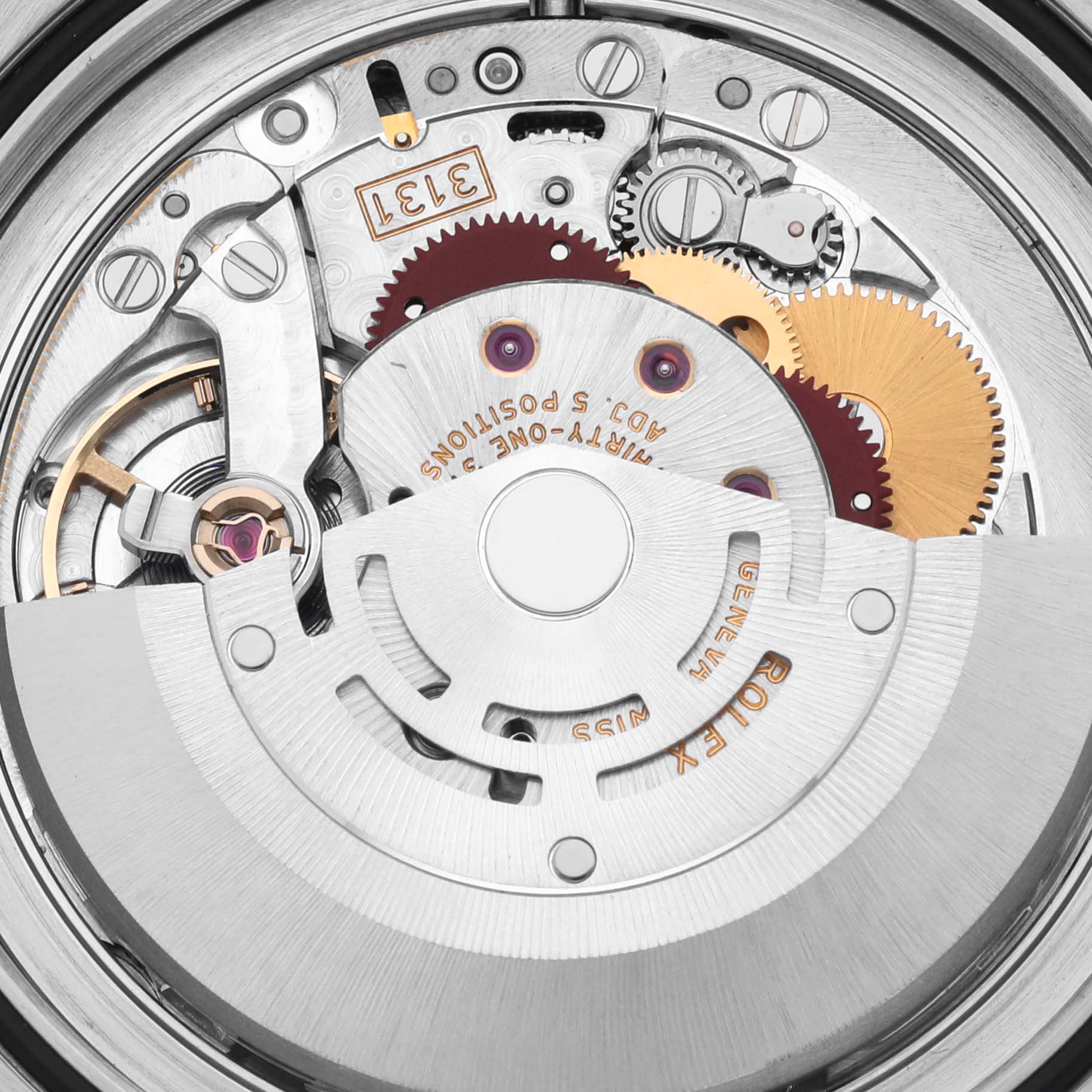 The image shows the intricate movement mechanism of the Rolex Milgauss 116400 Men
s Stainless Steel Black Dial 116400 Men
s Stainless Steel Black Dial watch from a top-down angle.