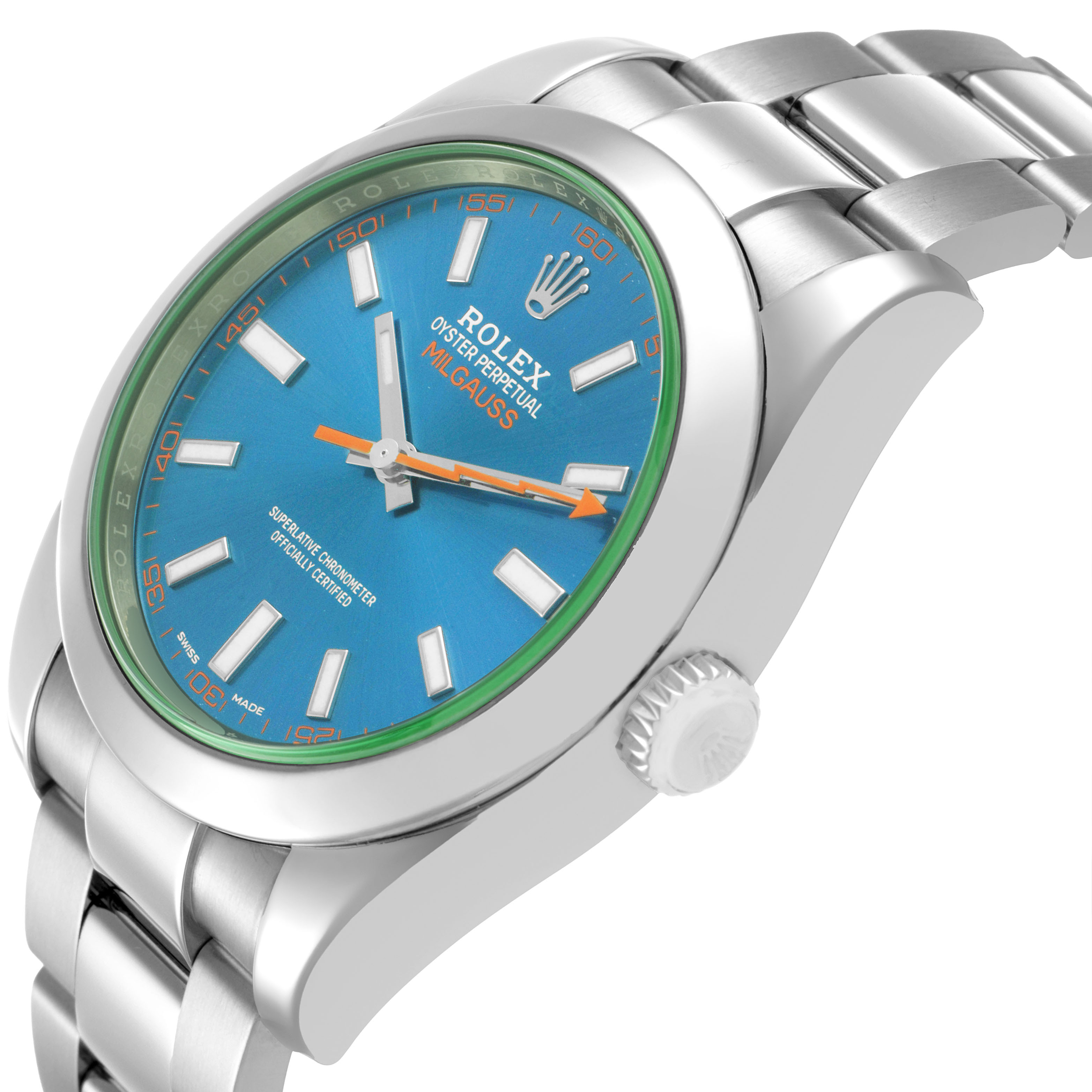 The Rolex Milgauss 116400GV Men's Stainless Steel Blue Dial watch is shown at an angled side view, highlighting the dial, bezel, and part of the bracelet.