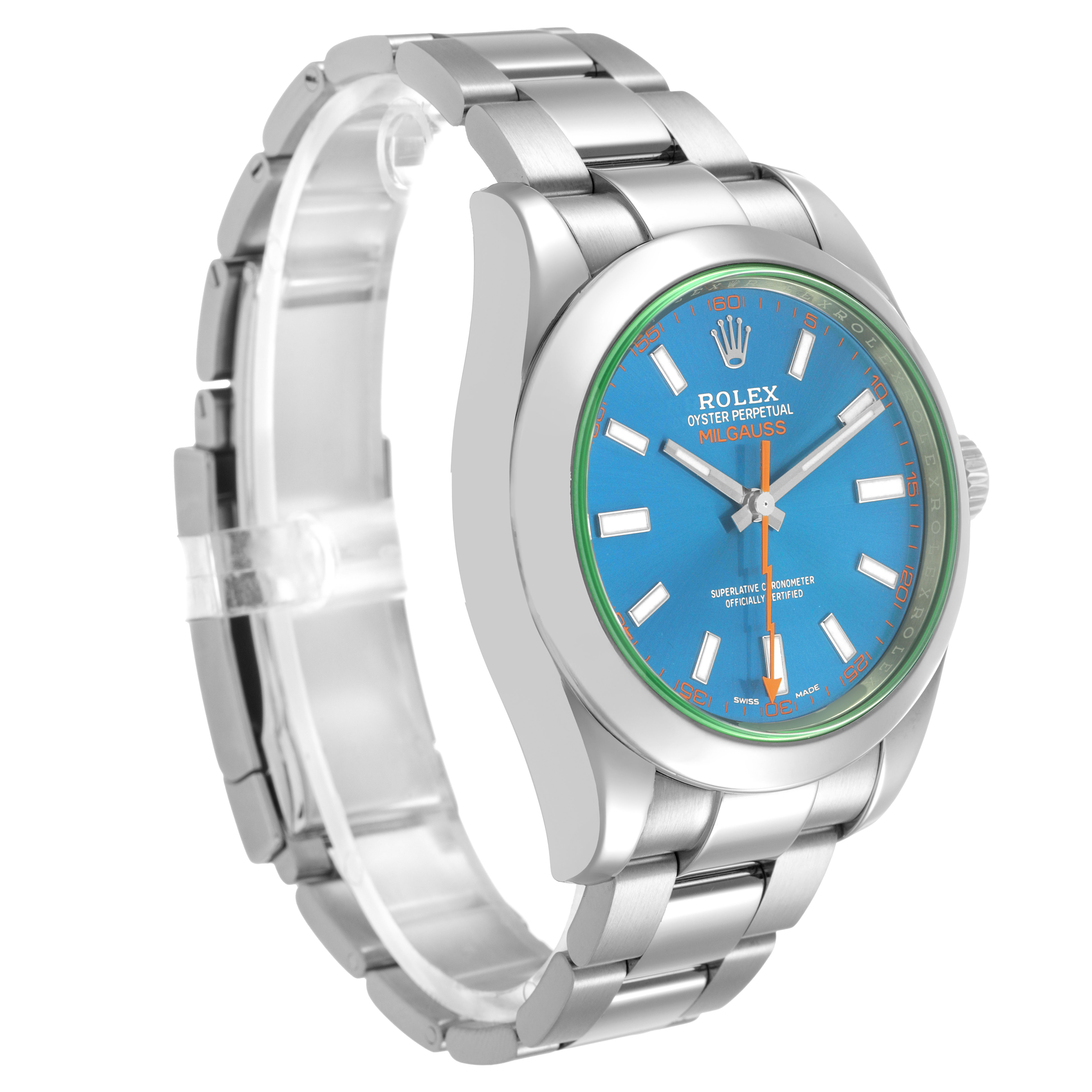 The Rolex Milgauss 116400GV Men's Stainless Steel Blue Dial watch is shown at a three-quarter angle, displaying the bracelet, case, and blue dial.