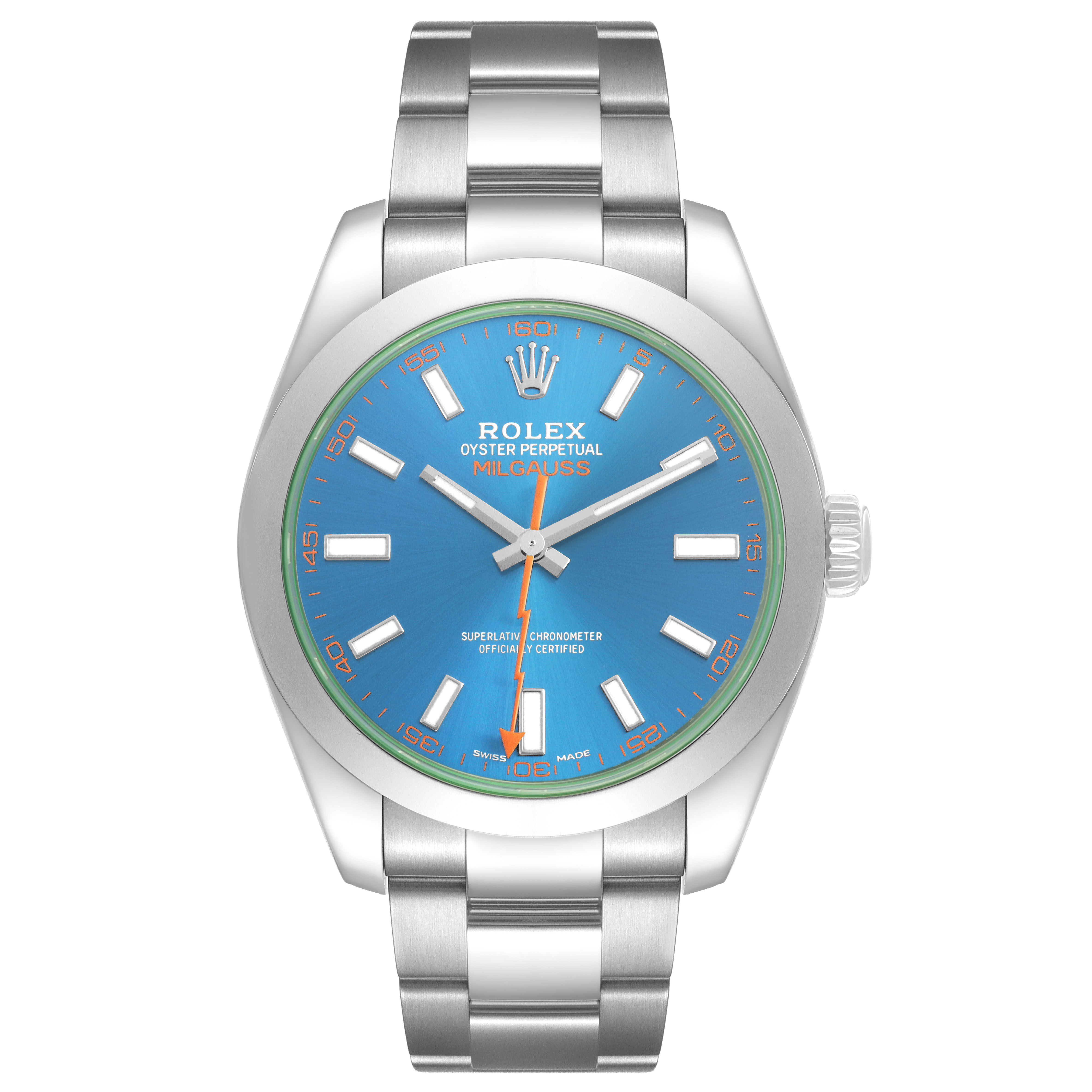 The image shows a front view of a Rolex Milgauss 116400GV Men's Stainless Steel Blue Dial watch with its dial, crown, and bracelet clearly visible.