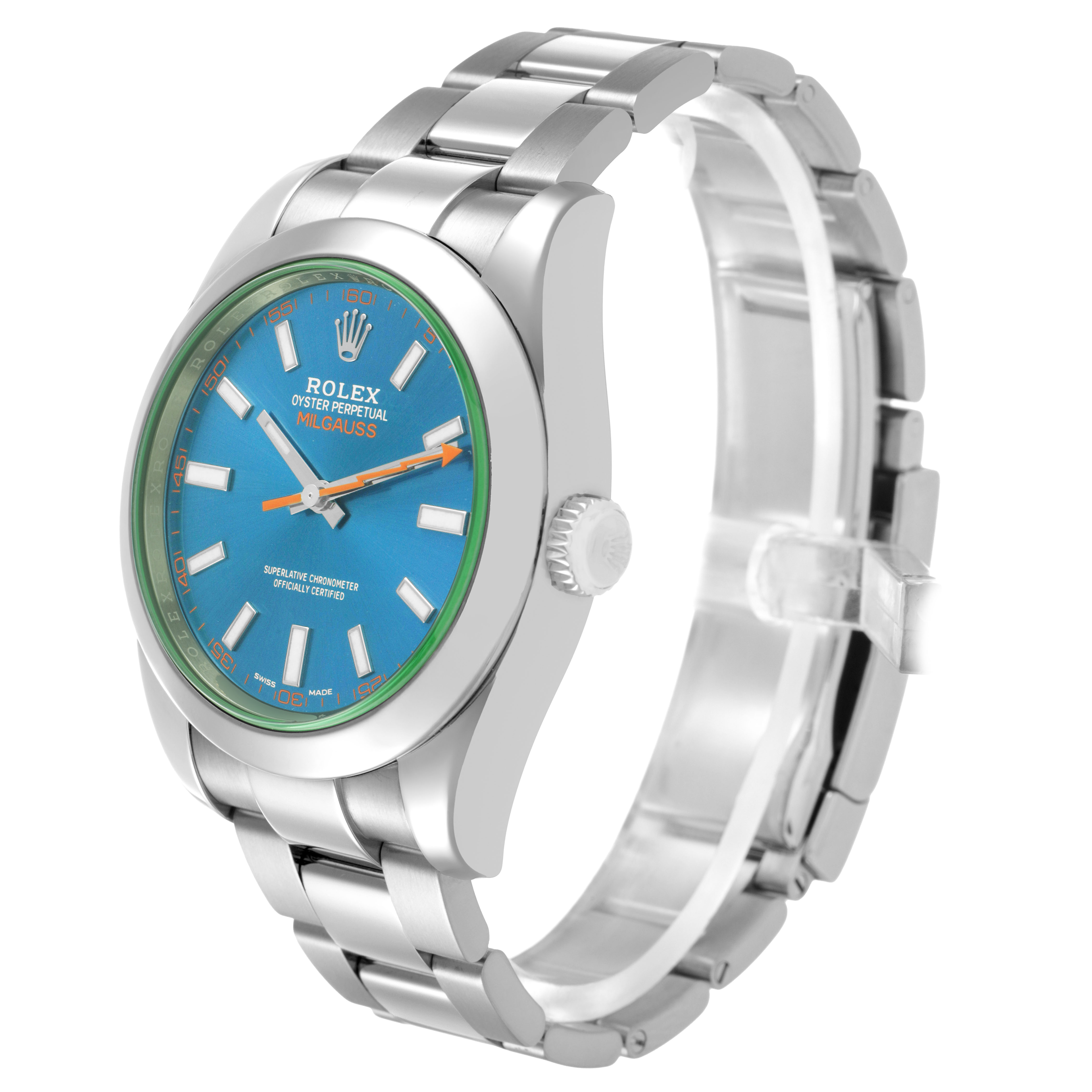 The Rolex Milgauss 116400GV Men's Stainless Steel Blue Dial watch is shown at a three-quarter angle, highlighting the dial, bezel, crown, and bracelet.