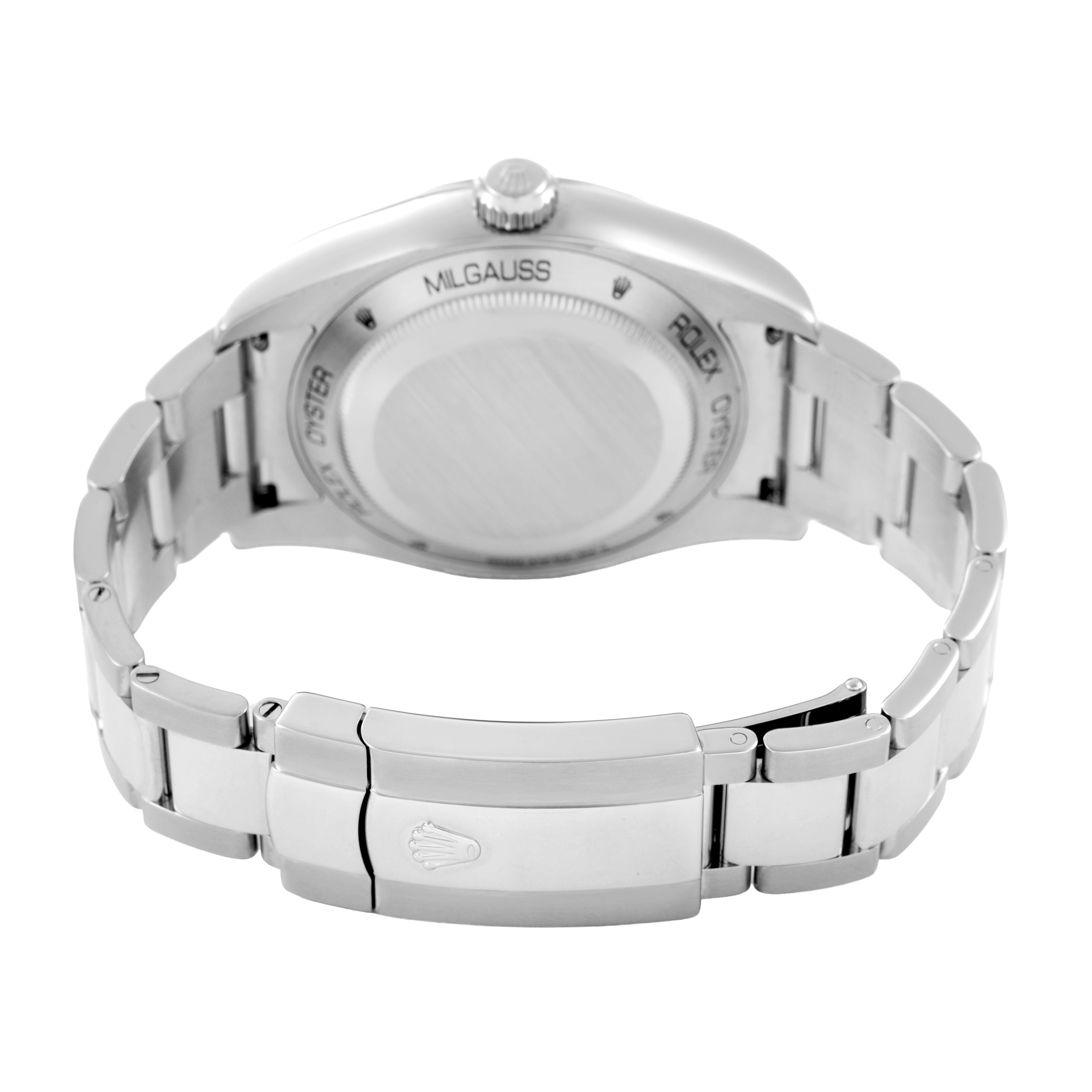 The image shows the back and bracelet of a Rolex Milgauss 116400GV Men's Stainless Steel Blue Dial watch, highlighting the case back and clasp.