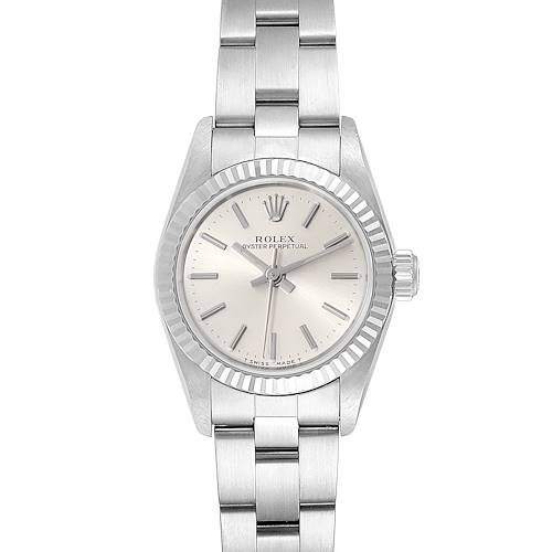 Photo of Rolex Non-Date Steel 18k White Gold Silver Dial Ladies Watch 67194 Box Papers
