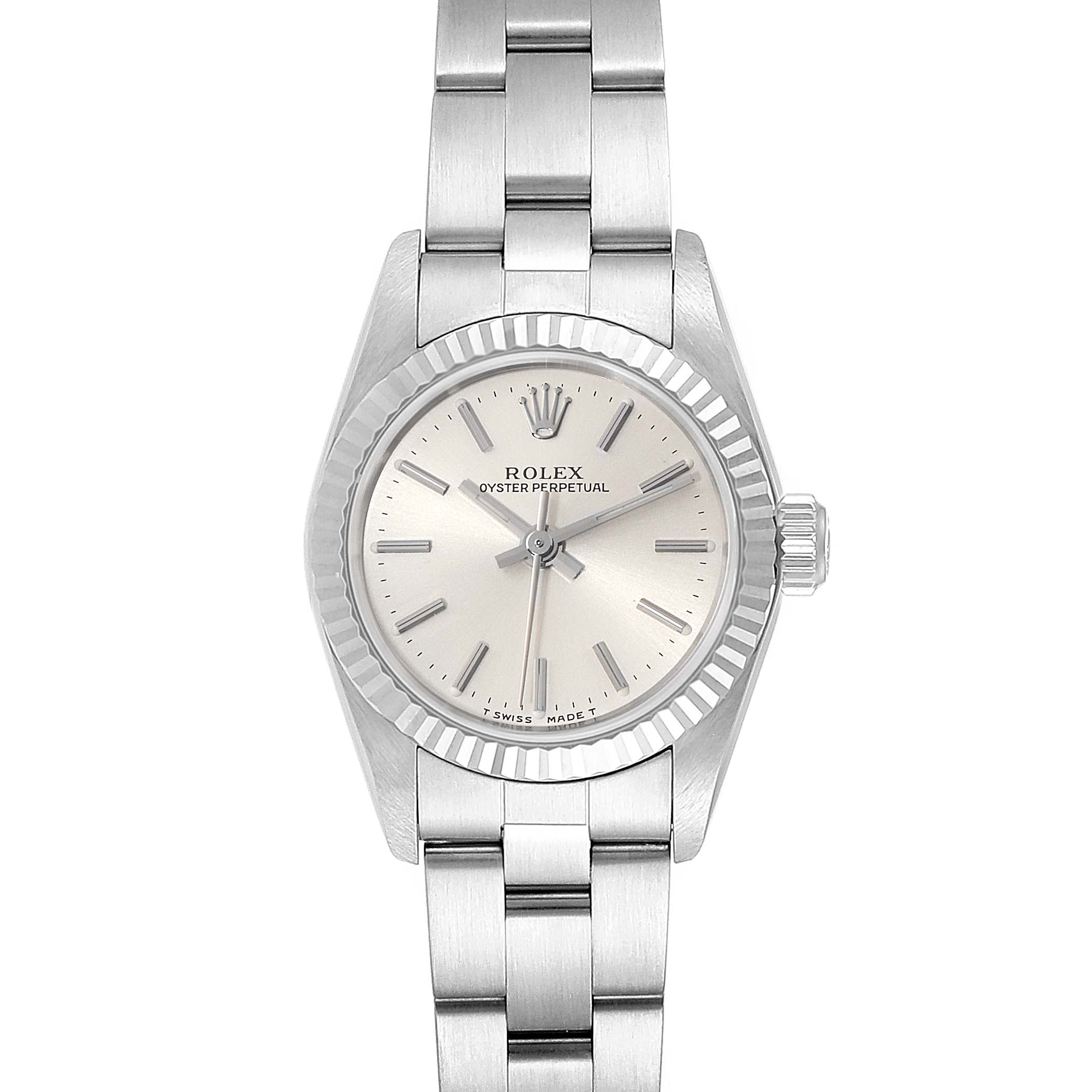 The image shows a front view of the Rolex Oyster Perpetual 67194 Women's Stainless Steel Silver Dial 67194 Women's Stainless Steel Silver Dial watch, displaying its dial, bracelet, and bezel.