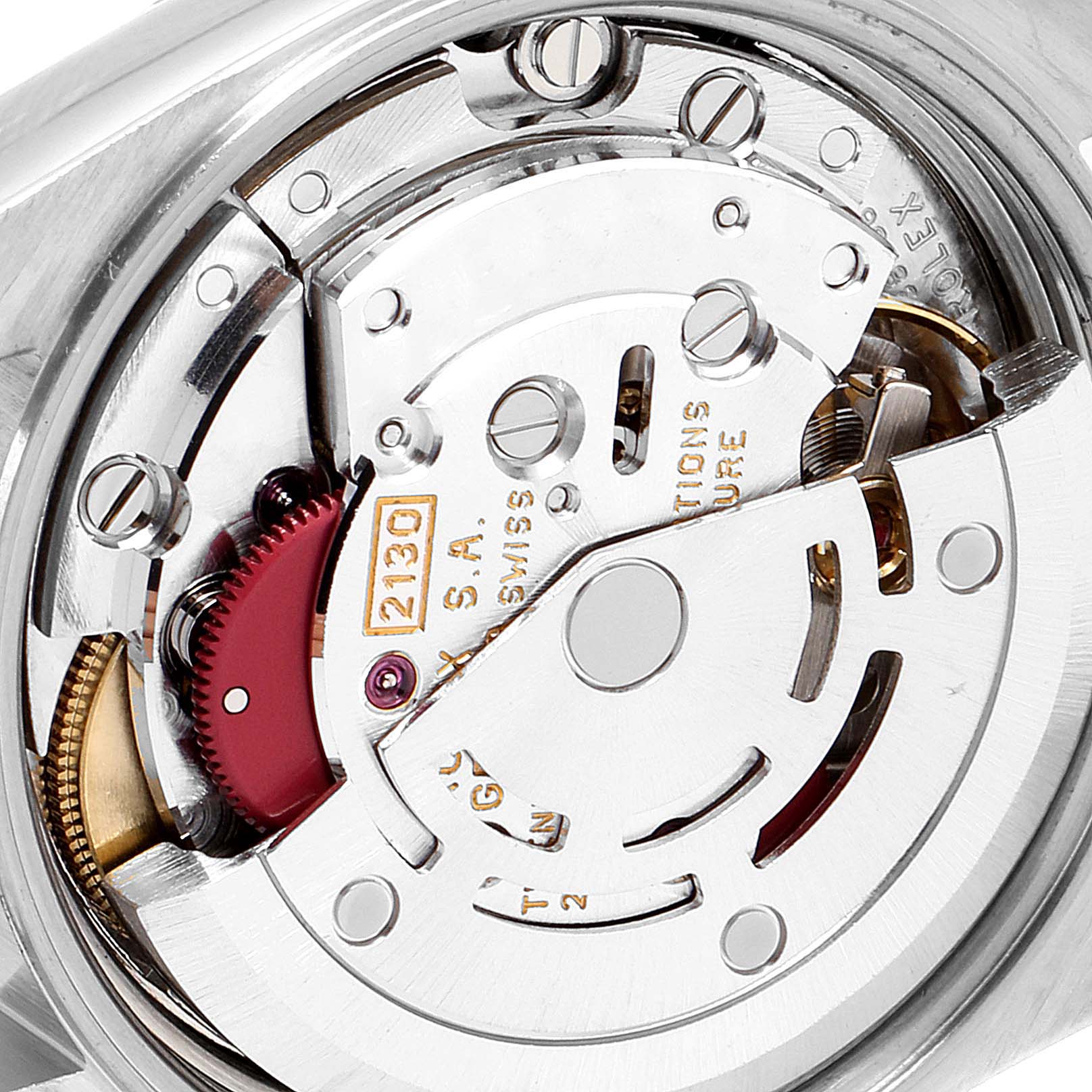 This image shows a close-up of the movement within the Rolex Oyster Perpetual 67194 Women's Stainless Steel Silver Dial 67194 Women's Stainless Steel Silver Dial watch, highlighting its intricate mechanics.