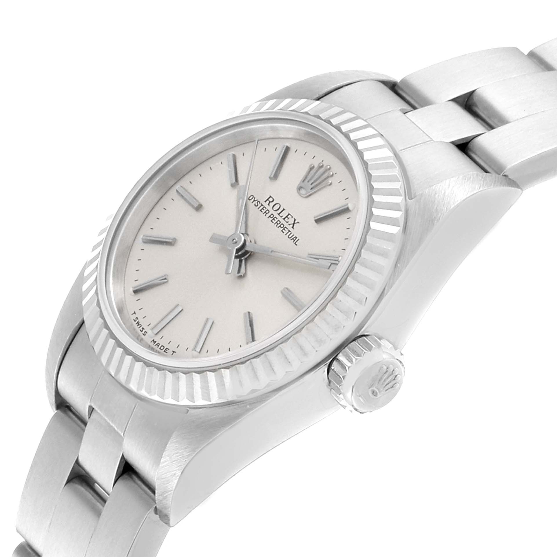 The image shows a side angle of a Rolex Oyster Perpetual 67194 Women's Stainless Steel Silver Dial 67194 Women's Stainless Steel Silver Dial watch, highlighting the dial, bezel, bracelet, and crown.