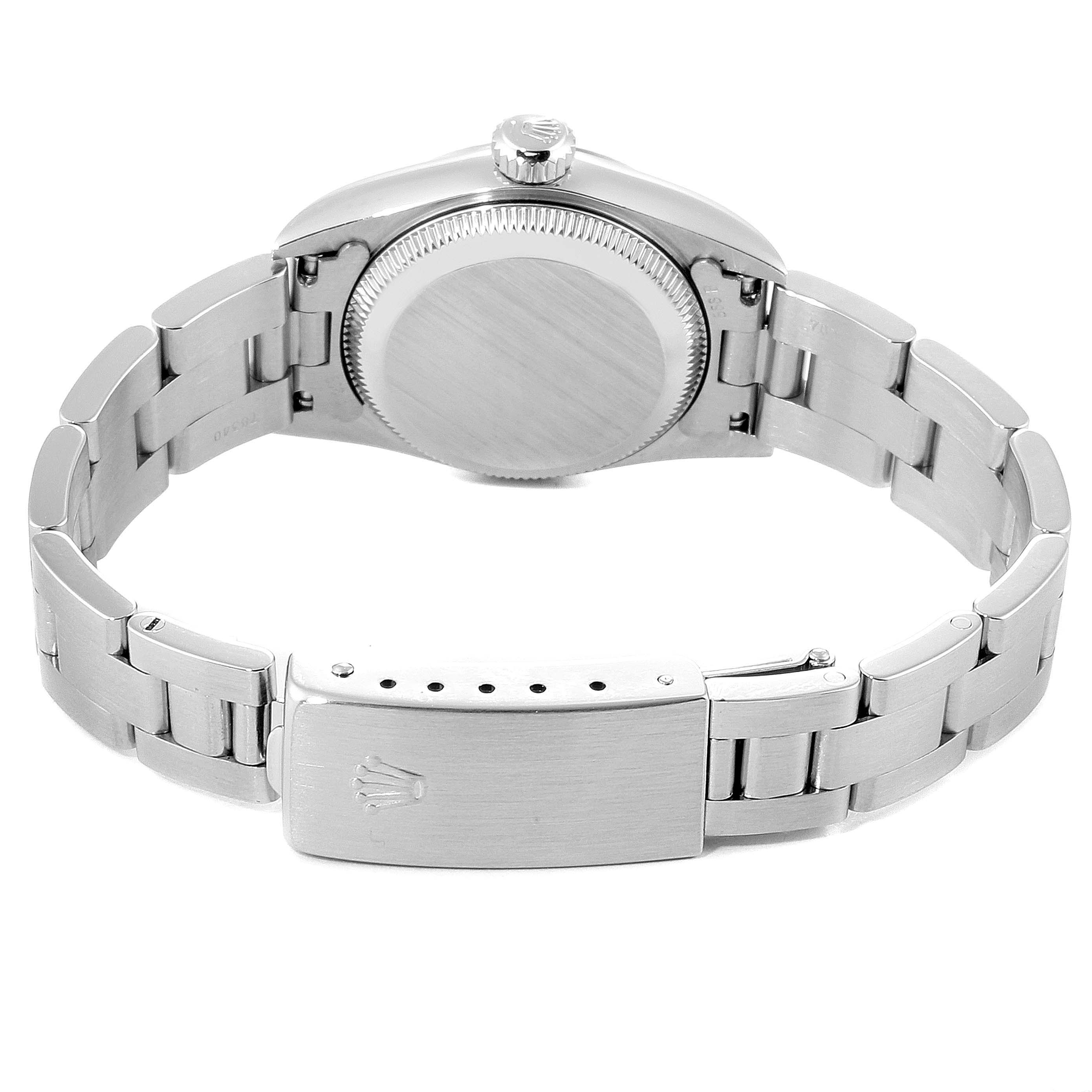The image shows the back view of the Rolex Oyster Perpetual 67194 Women's Stainless Steel Silver Dial 67194 Women's Stainless Steel Silver Dial watch, highlighting the case back and bracelet with clasp.