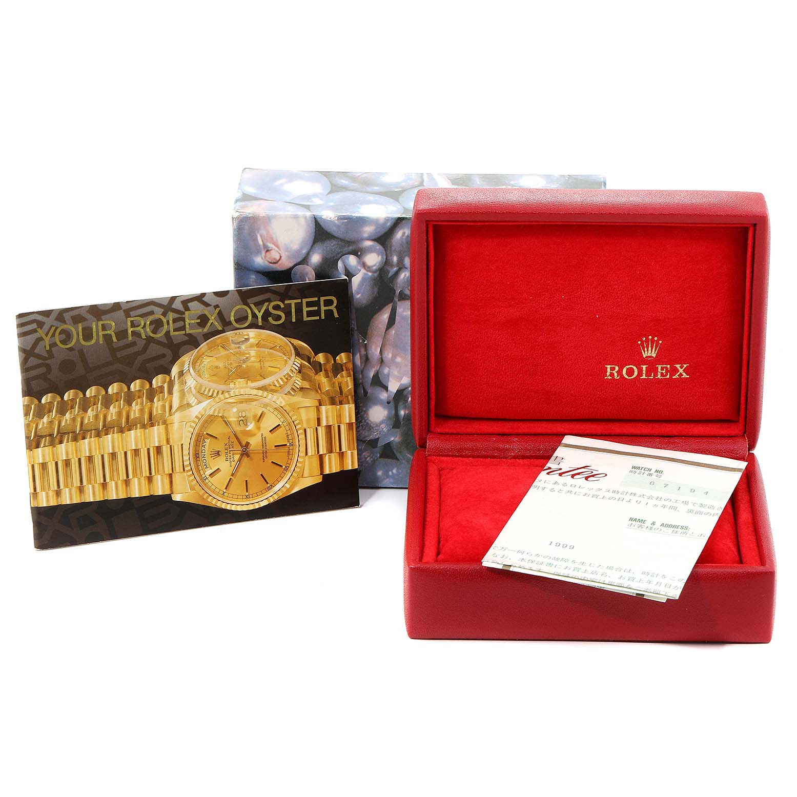 The image shows a Rolex Oyster Perpetual 67194 Women's Stainless Steel Silver Dial 67194 Women's Stainless Steel Silver Dial watch box, warranty card, and a booklet featuring the watch model.