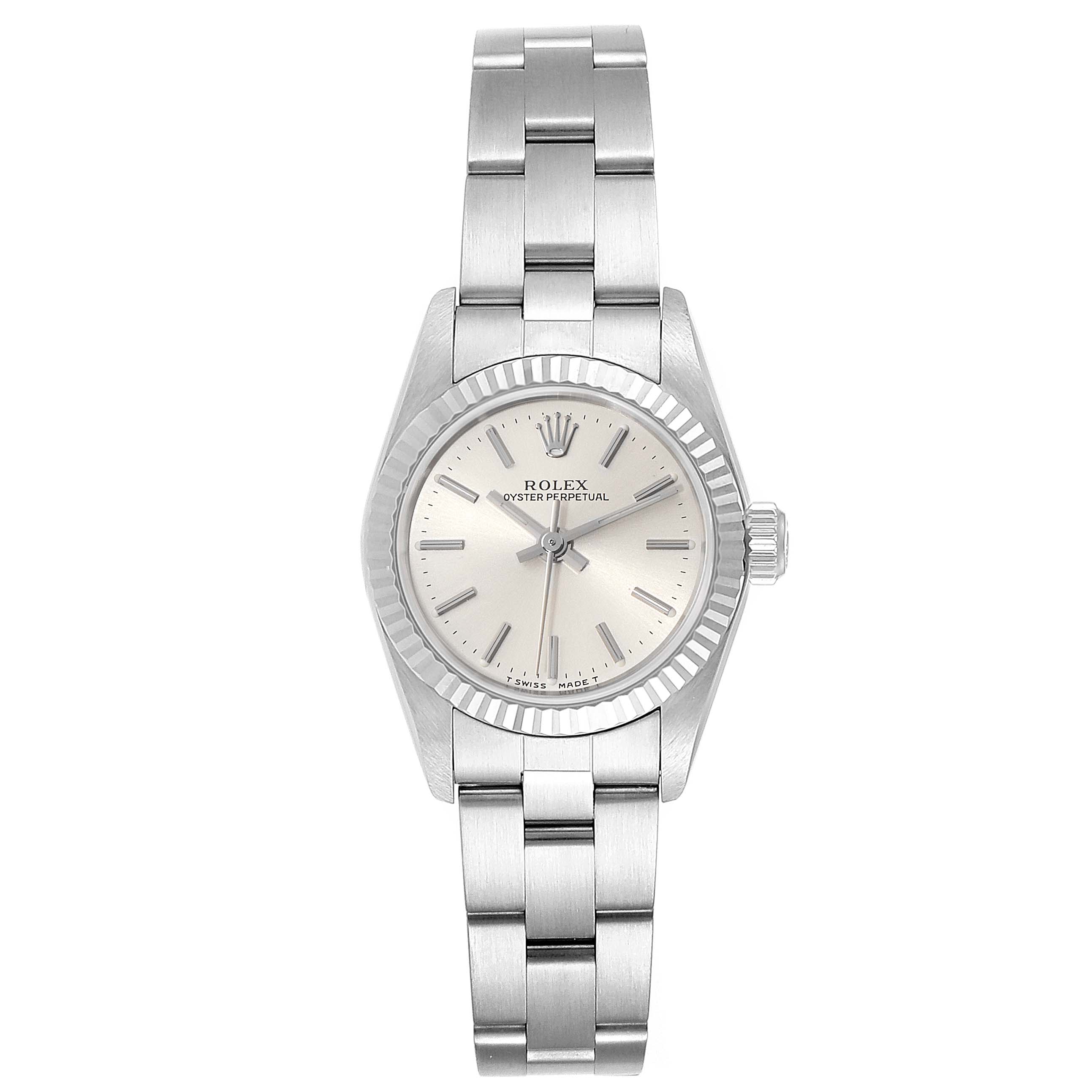 This image shows a front view of a Rolex Oyster Perpetual 67194 Women's Stainless Steel Silver Dial 67194 Women's Stainless Steel Silver Dial watch, displaying the dial, bezel, and bracelet.
