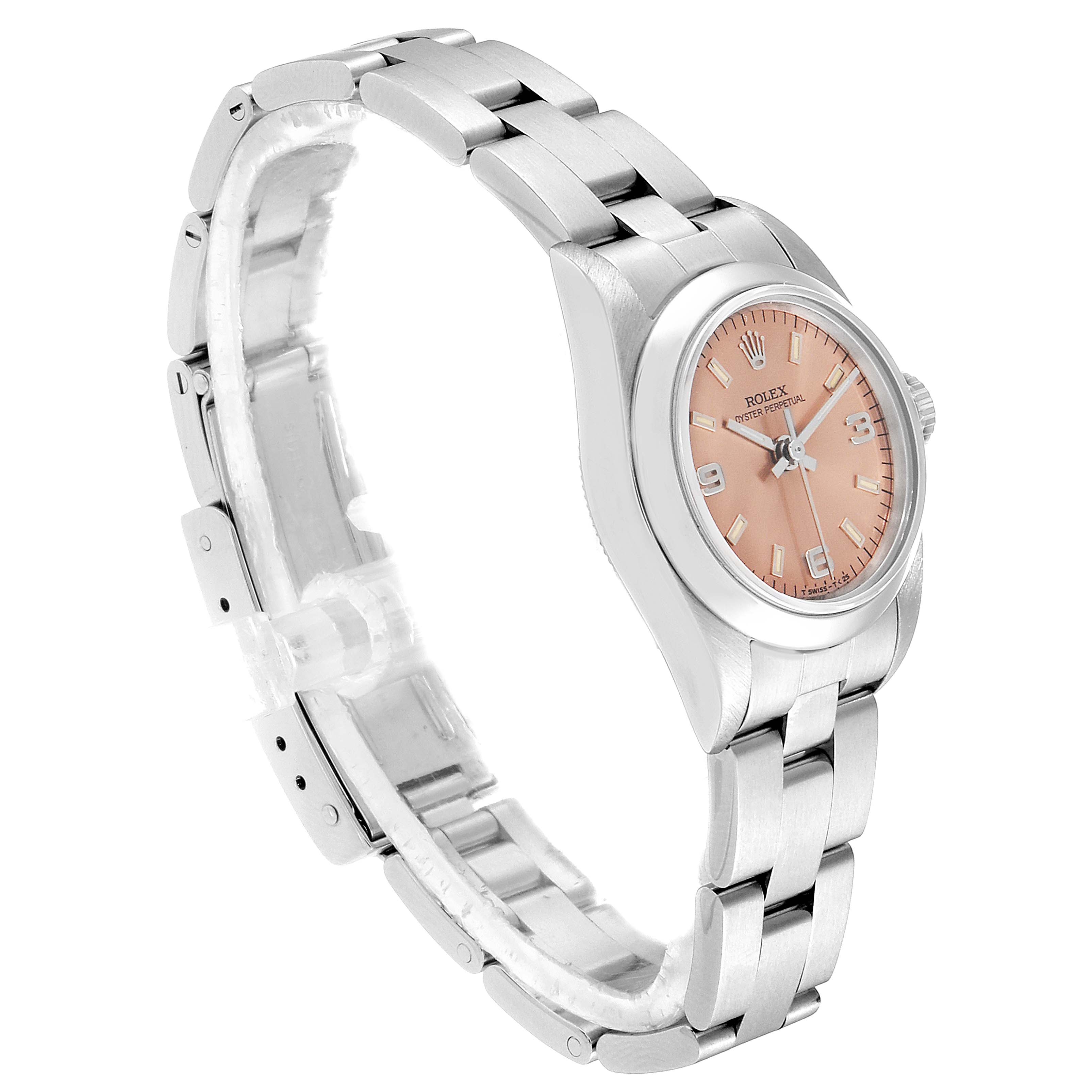This Rolex Oyster Perpetual 76080 Women's Stainless Steel Pink Dial 76080 Women's Stainless Steel Pink Dial watch is shown from a left-side angle, highlighting the bracelet, case, and pink dial.