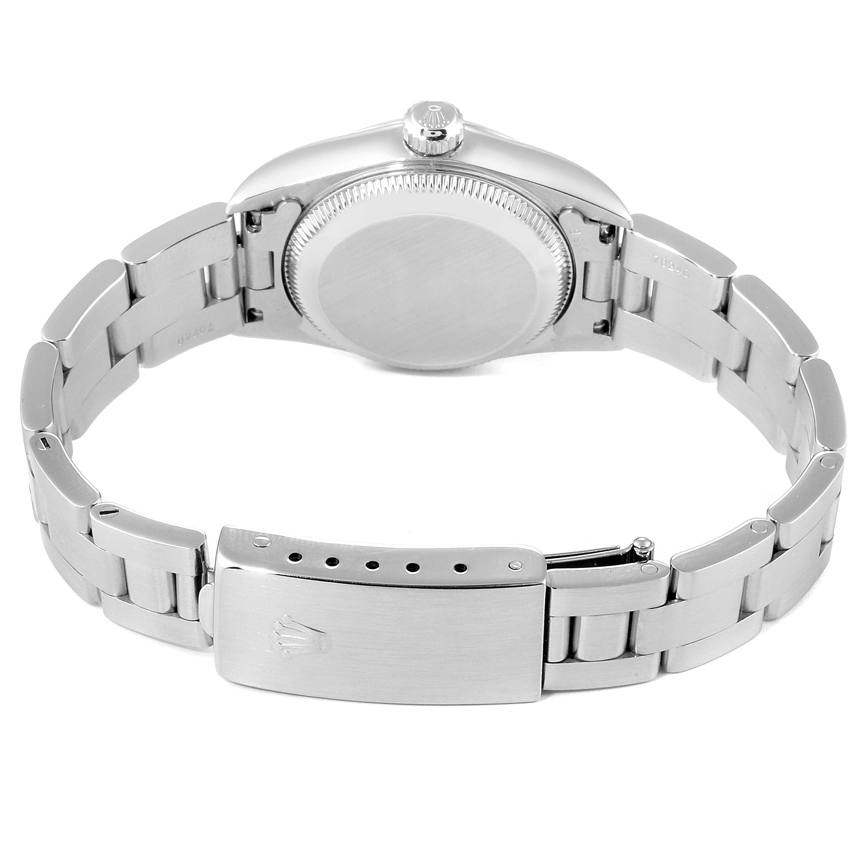 The image shows the back view of a Rolex Oyster Perpetual 76080 Women's Stainless Steel Pink Dial 76080 Women's Stainless Steel Pink Dial watch, highlighting the case back, bracelet, and clasp.