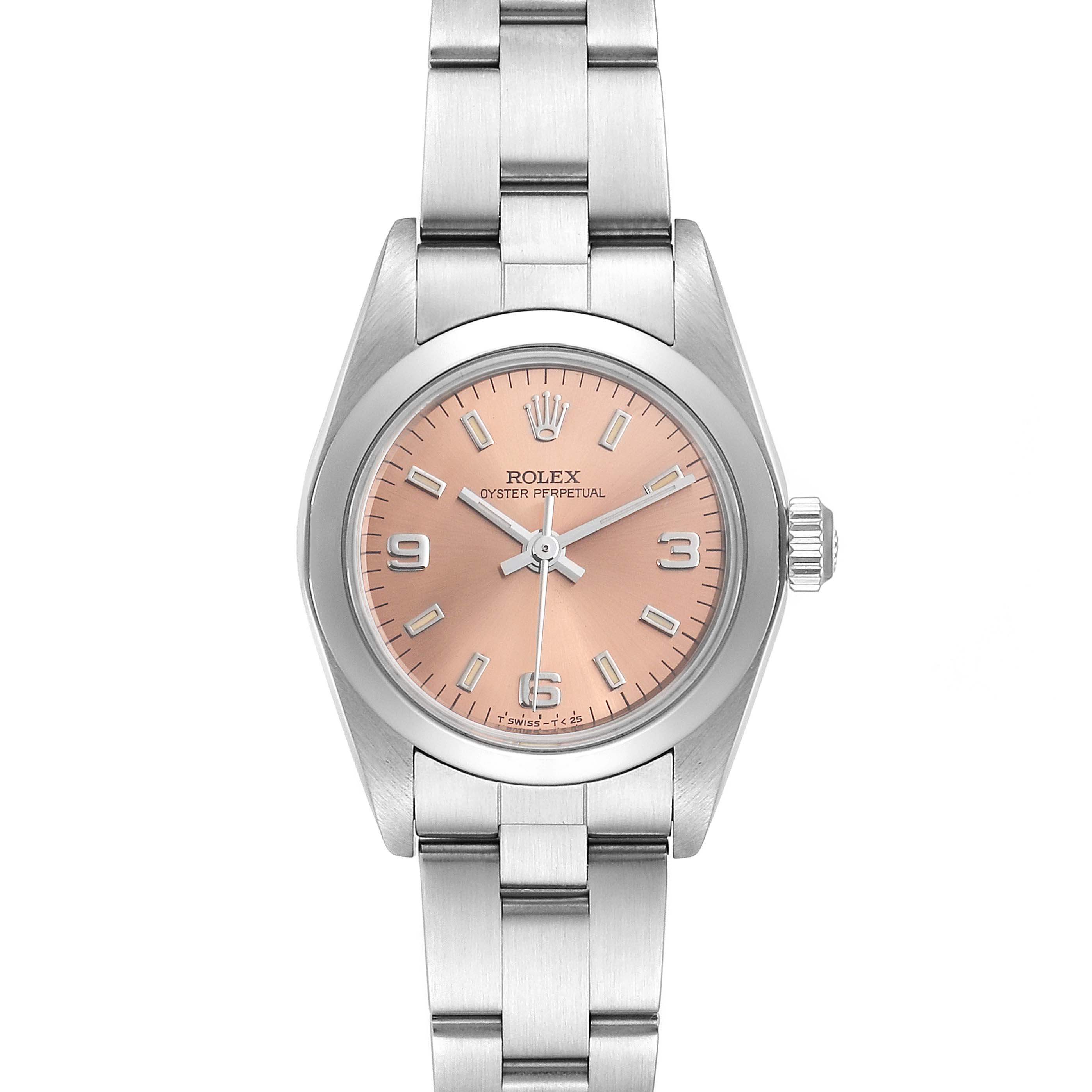 This image shows a front view of a Rolex Oyster Perpetual 76080 Women's Stainless Steel Pink Dial 76080 Women's Stainless Steel Pink Dial watch, highlighting its peach dial and stainless steel bracelet.