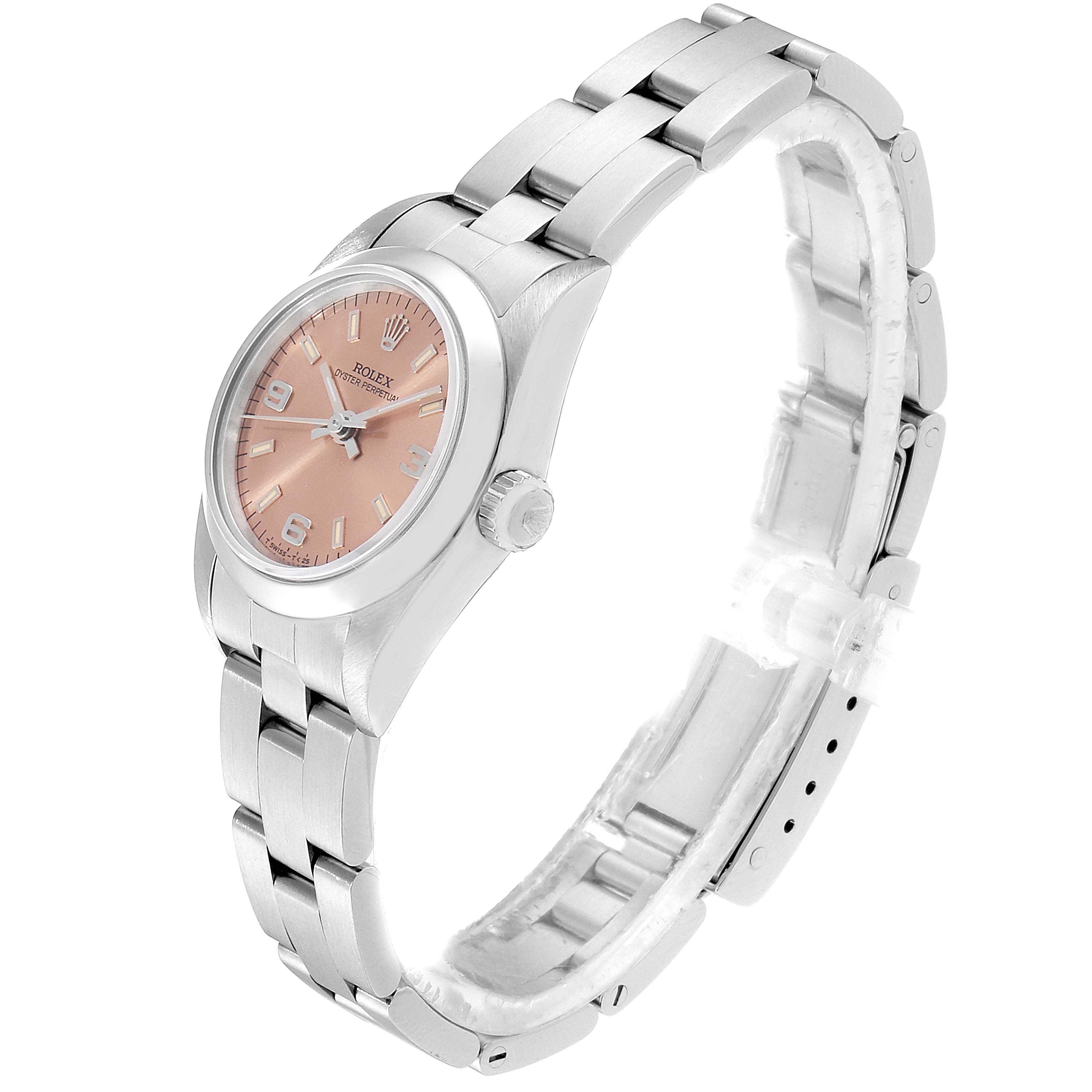 The Rolex Oyster Perpetual 76080 Women's Stainless Steel Pink Dial 76080 Women's Stainless Steel Pink Dial watch is shown at a slight angle, displaying the dial, crown, lugs, and bracelet.